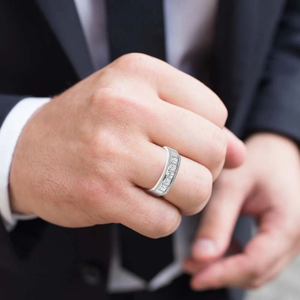 1.0 ctw Bar Set Princess Diamond Milgrain Accent Men's Ring