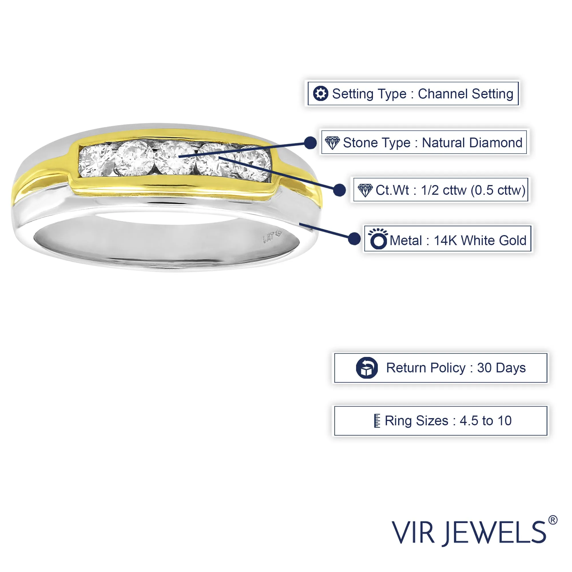 1/2 cttw Diamond Five Stone Men's Wedding Band in 14K White Gold
