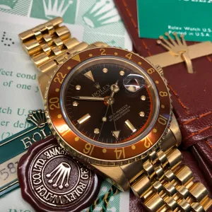 1981 Rolex GMT MASTER 16758 Root Beer 18K Yellow Gold Nipple Dial Wristwatch Box Papers