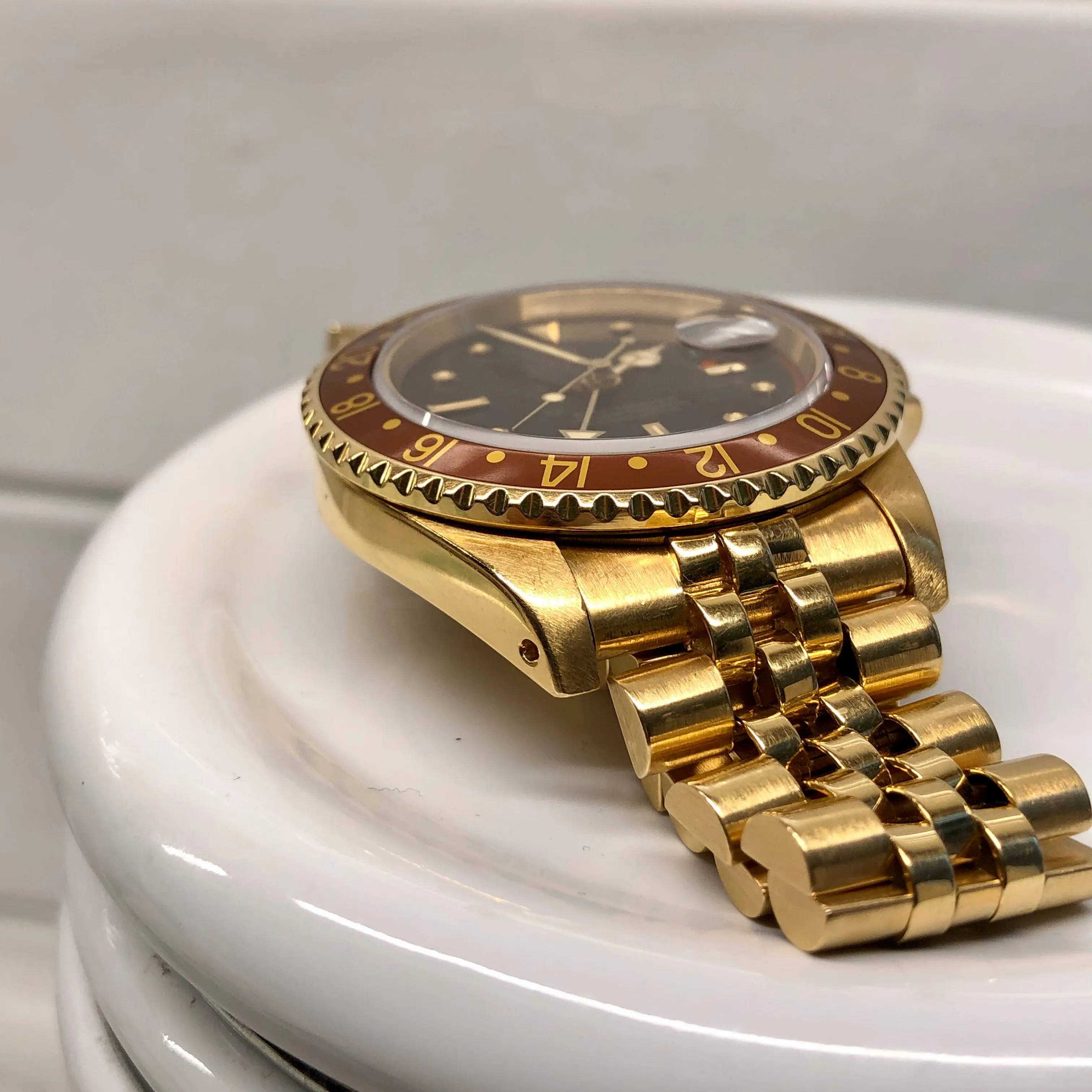 1981 Rolex GMT MASTER 16758 Root Beer 18K Yellow Gold Nipple Dial Wristwatch Box Papers