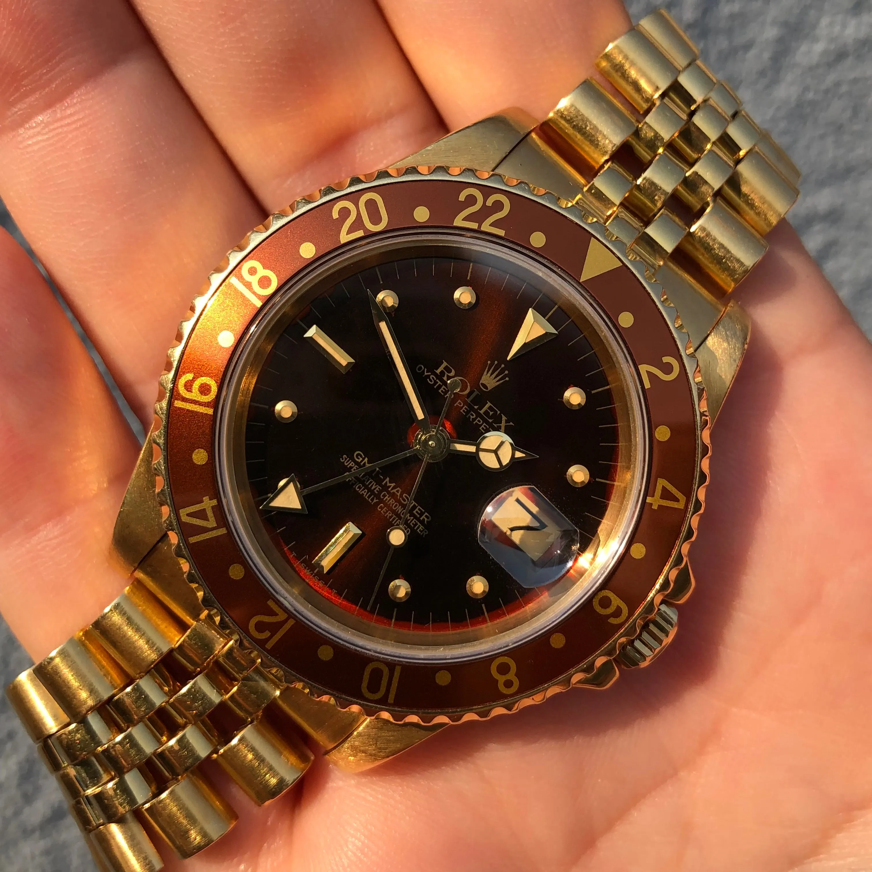 1981 Rolex GMT MASTER 16758 Root Beer 18K Yellow Gold Nipple Dial Wristwatch Box Papers