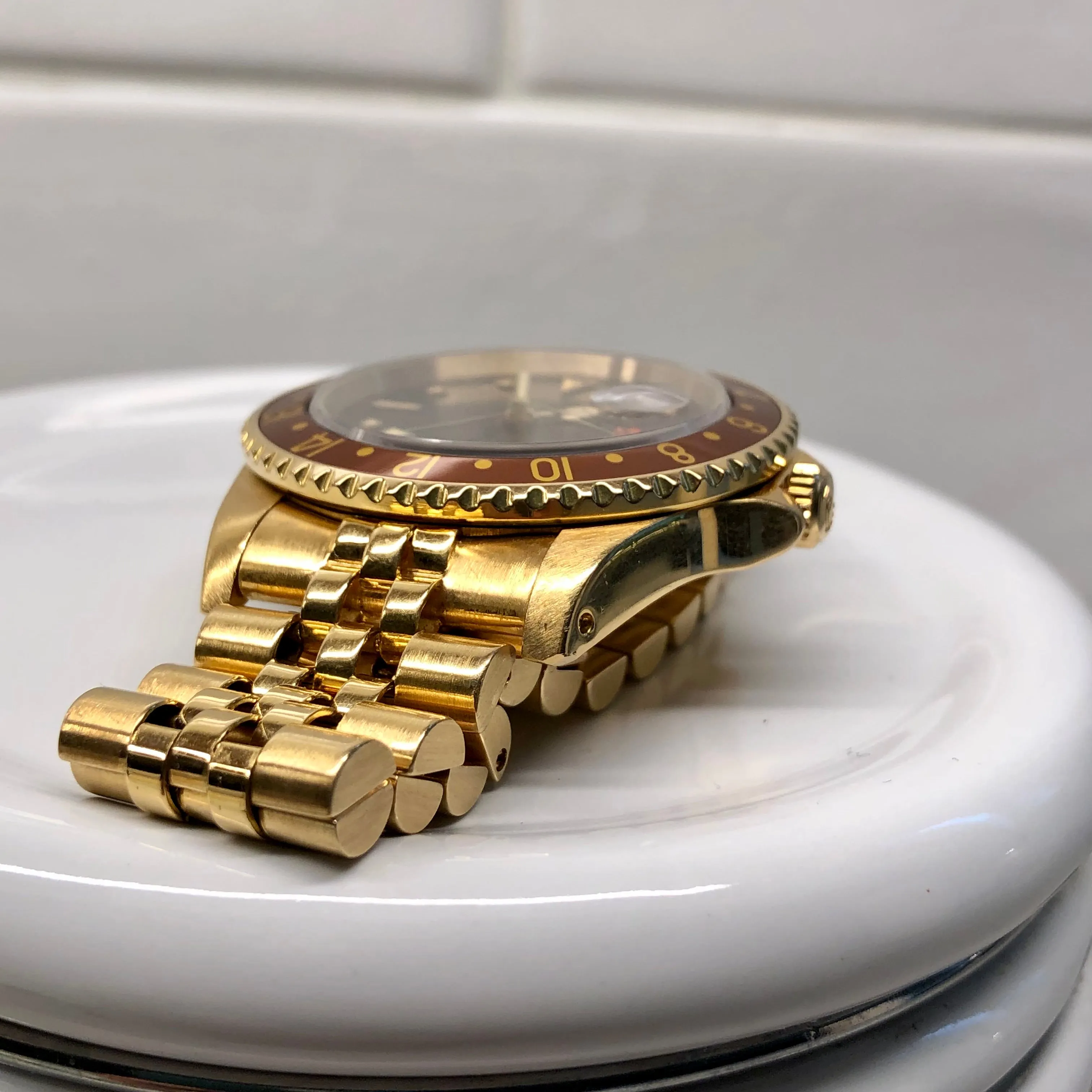 1981 Rolex GMT MASTER 16758 Root Beer 18K Yellow Gold Nipple Dial Wristwatch Box Papers