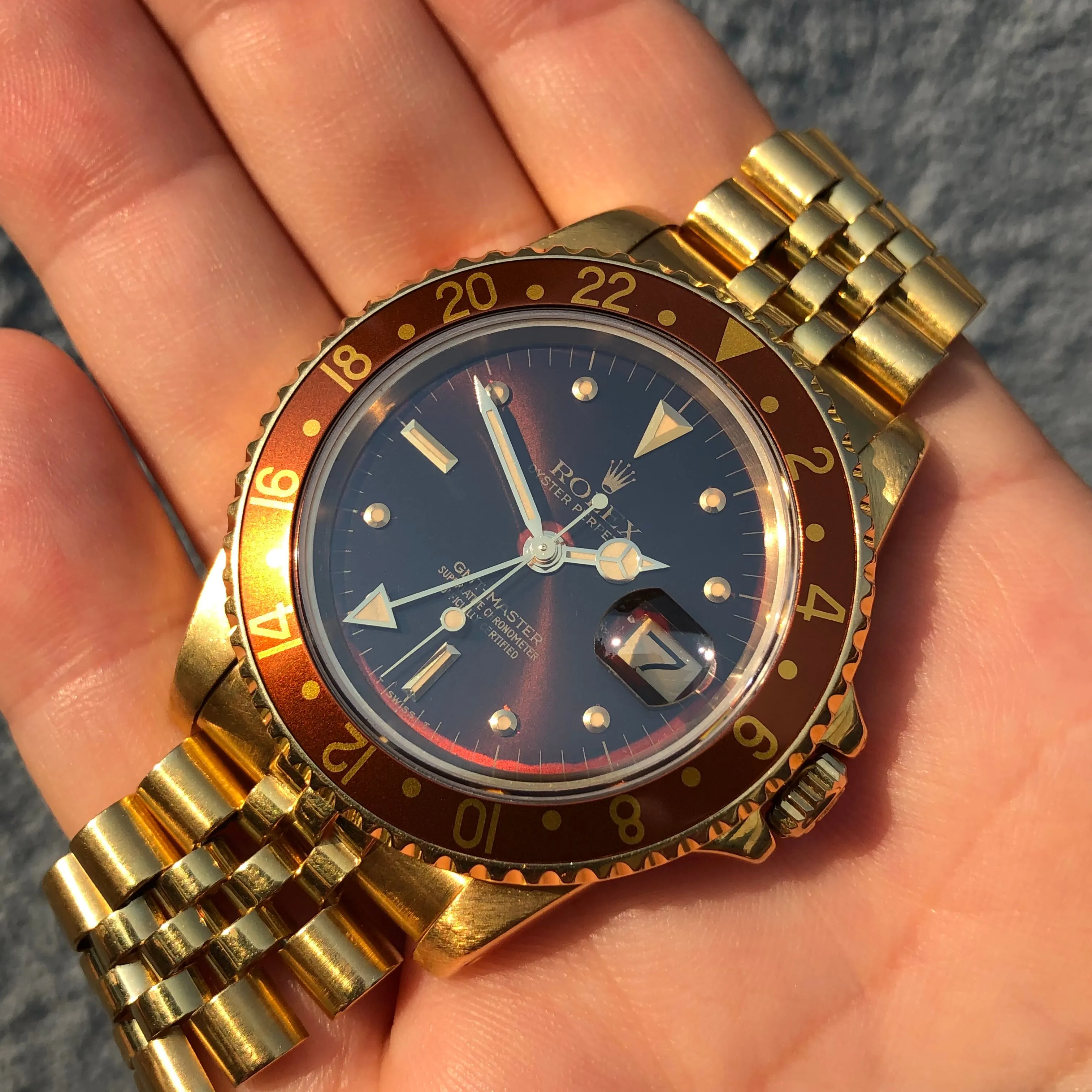 1981 Rolex GMT MASTER 16758 Root Beer 18K Yellow Gold Nipple Dial Wristwatch Box Papers