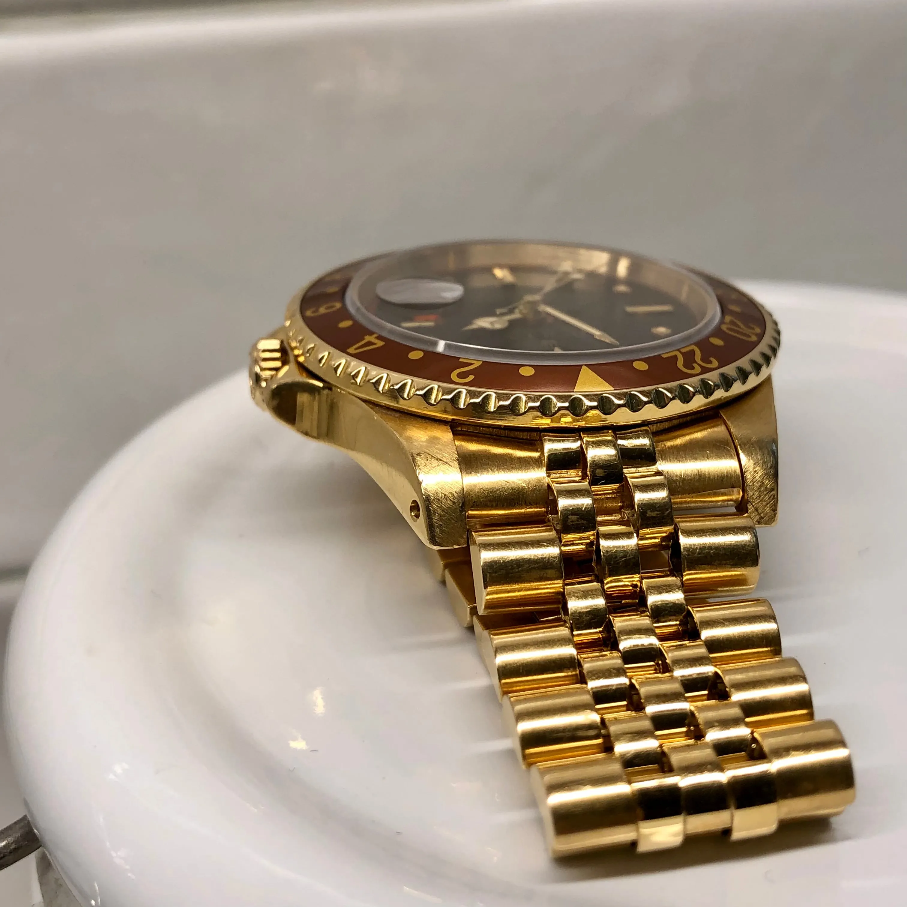 1981 Rolex GMT MASTER 16758 Root Beer 18K Yellow Gold Nipple Dial Wristwatch Box Papers