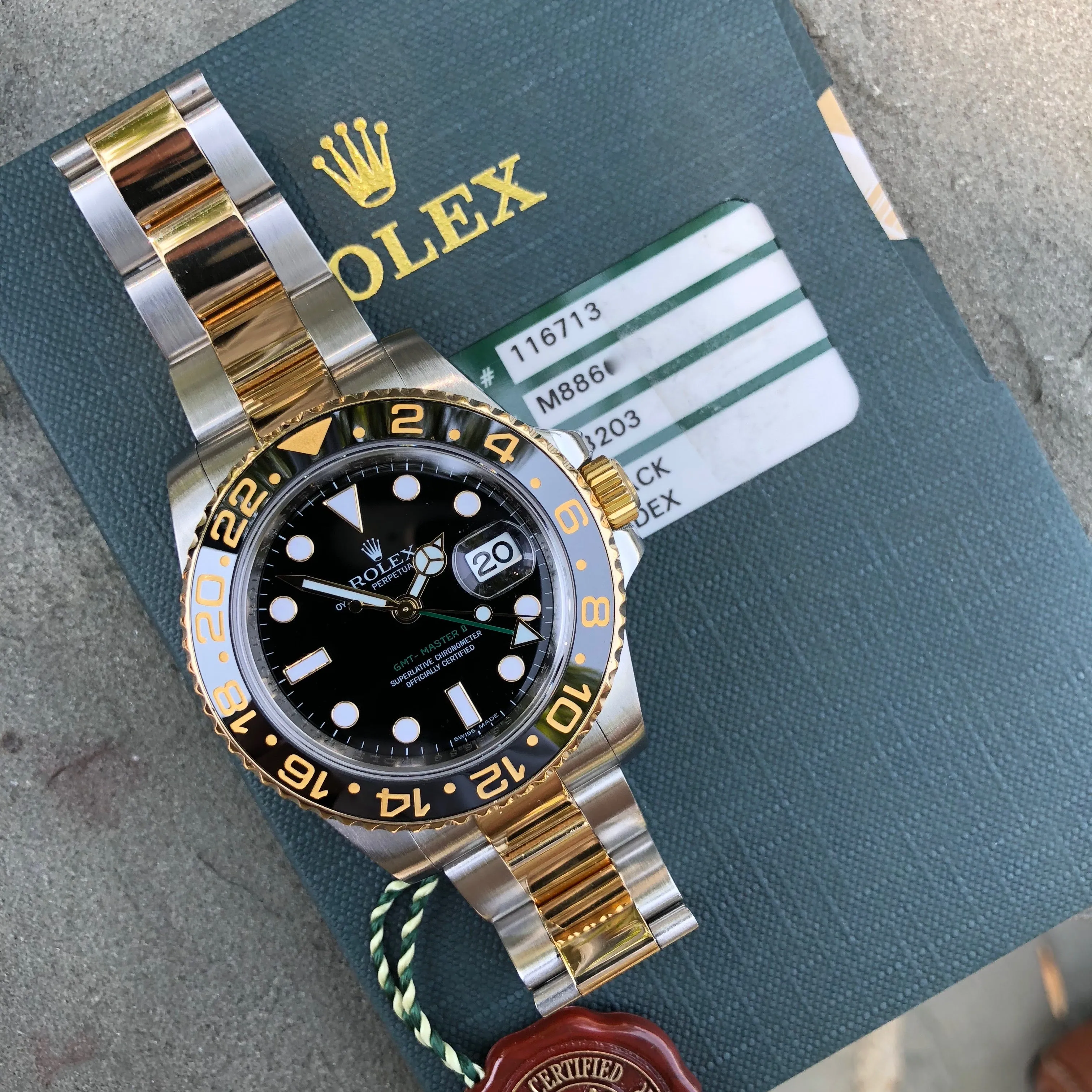 2008 Rolex GMT Master II 116713 Two Tone Steel Gold "M" Serial Watch Box Papers