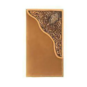 3D Brown Rodeo Wallet with Floral Embossed Overlay Corner and Filigree Cross