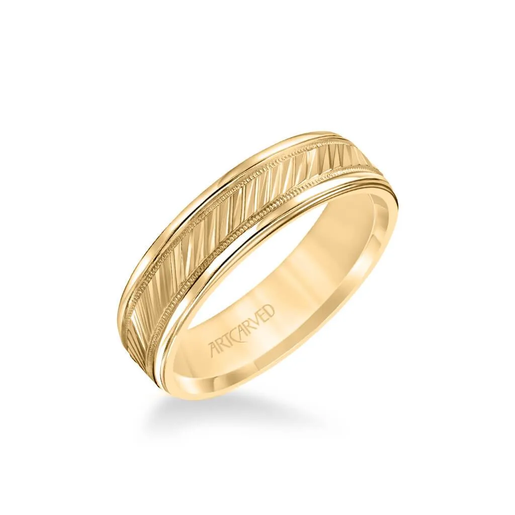 6MM Men's Classic Wedding Band - Diagional Swiss Cut Engraved Design with Milgrain and Round Edge