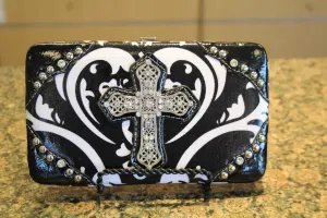 ADO | Bling Cross Damask Print Clutch Wallet Black