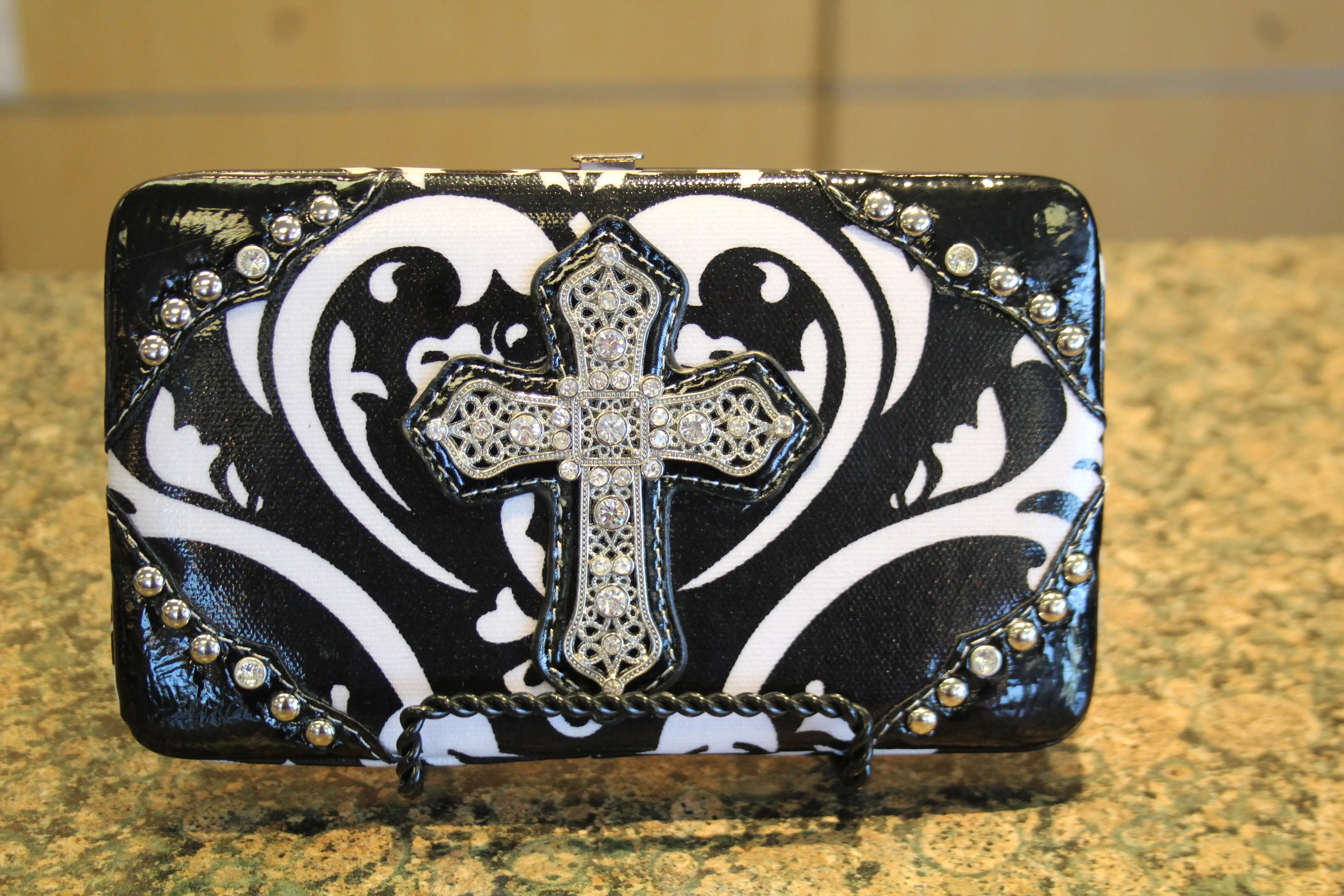 ADO | Bling Cross Damask Print Clutch Wallet Black