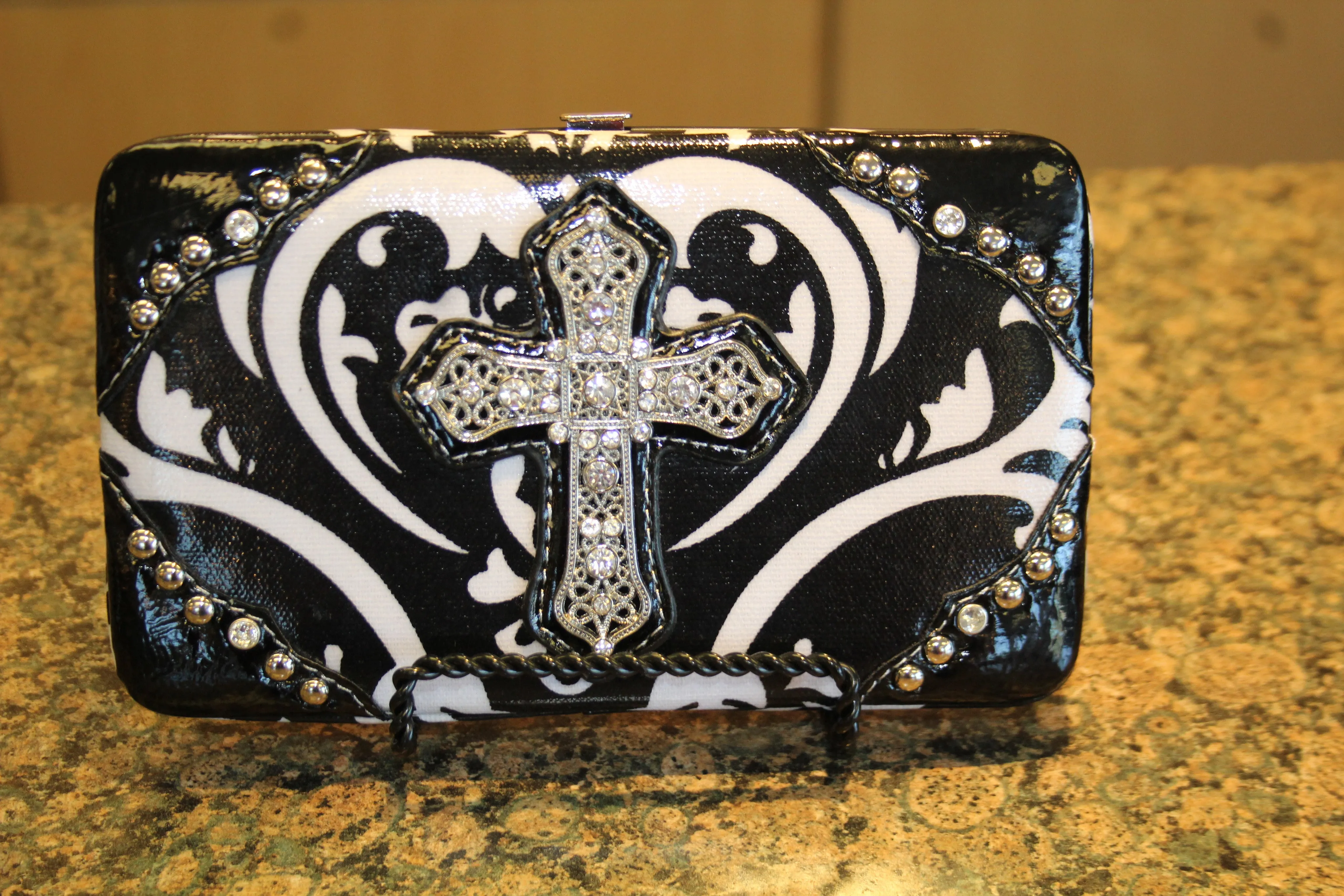 ADO | Bling Cross Damask Print Clutch Wallet Black