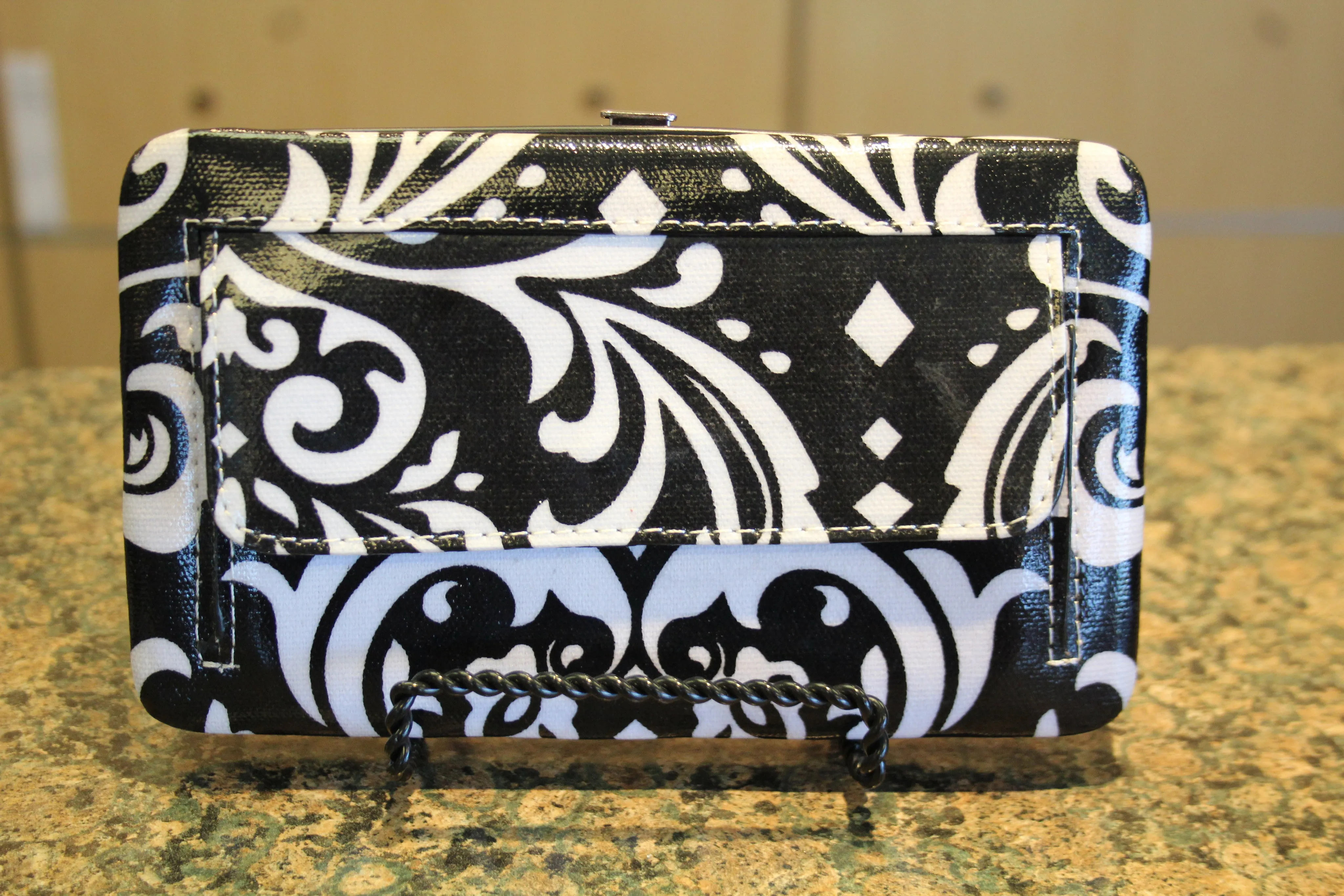 ADO | Bling Cross Damask Print Clutch Wallet Black
