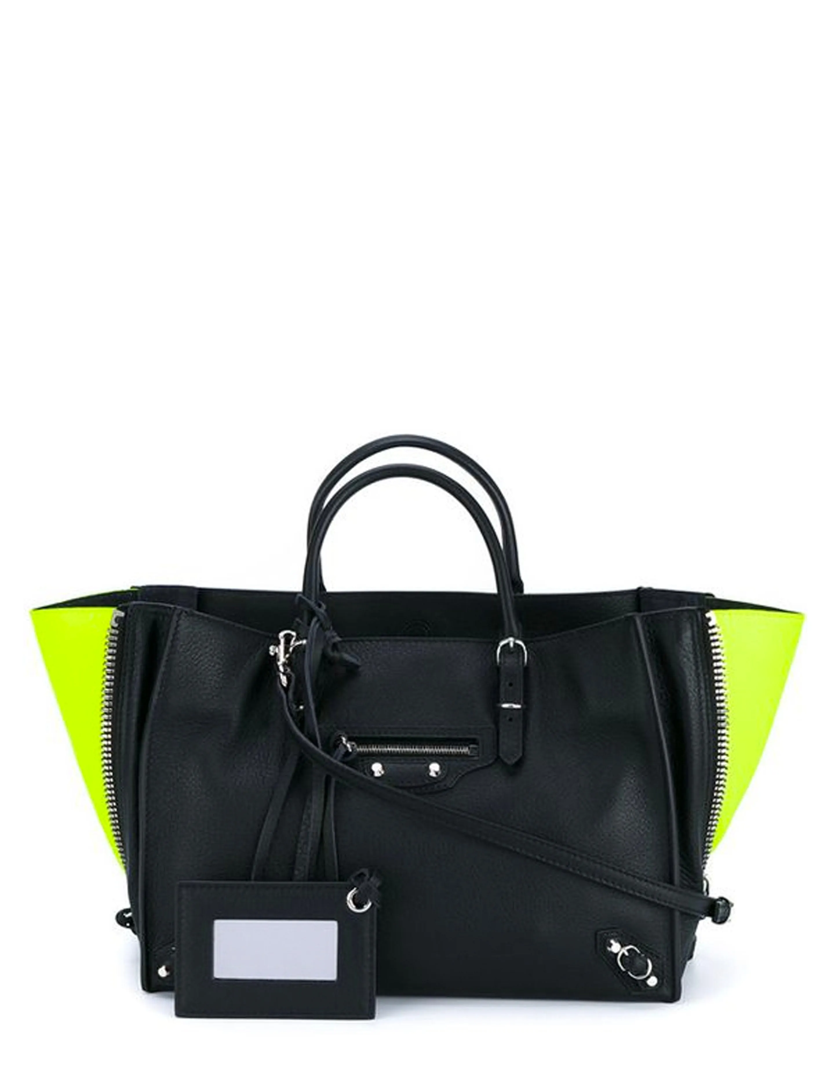 Balenciaga Black Leather Mini Papier A4 Crossbody Tote Bag w/ Neon