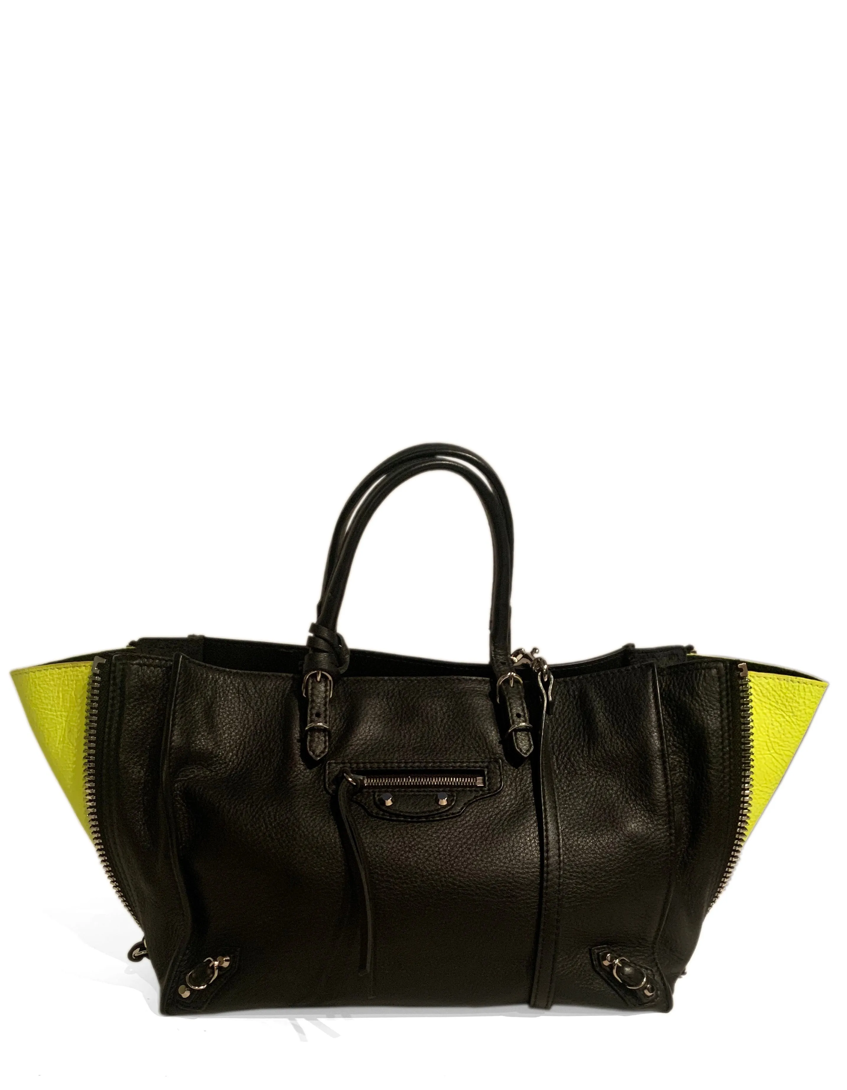 Balenciaga Black Leather Mini Papier A4 Crossbody Tote Bag w/ Neon