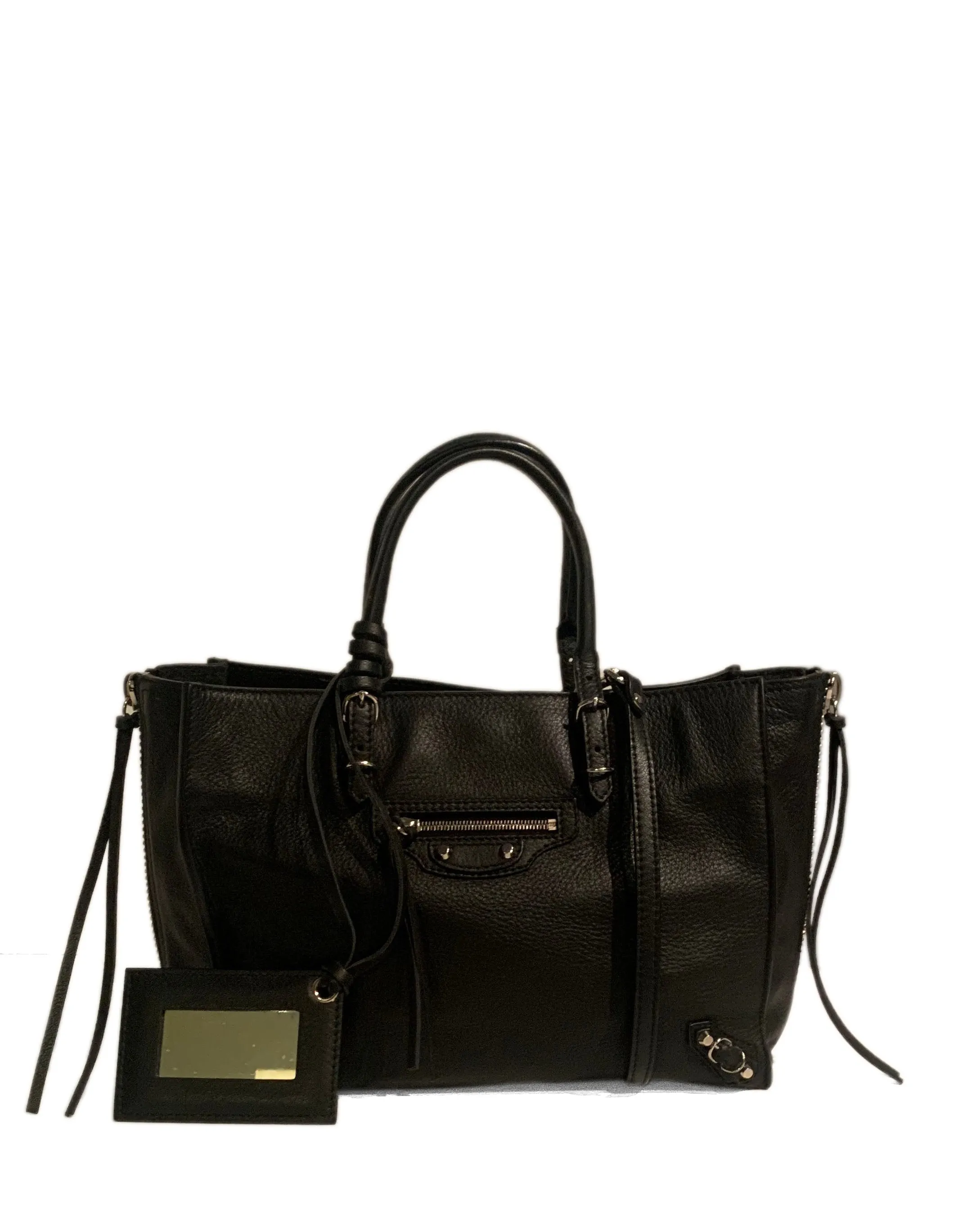 Balenciaga Black Leather Mini Papier A4 Crossbody Tote Bag w/ Neon