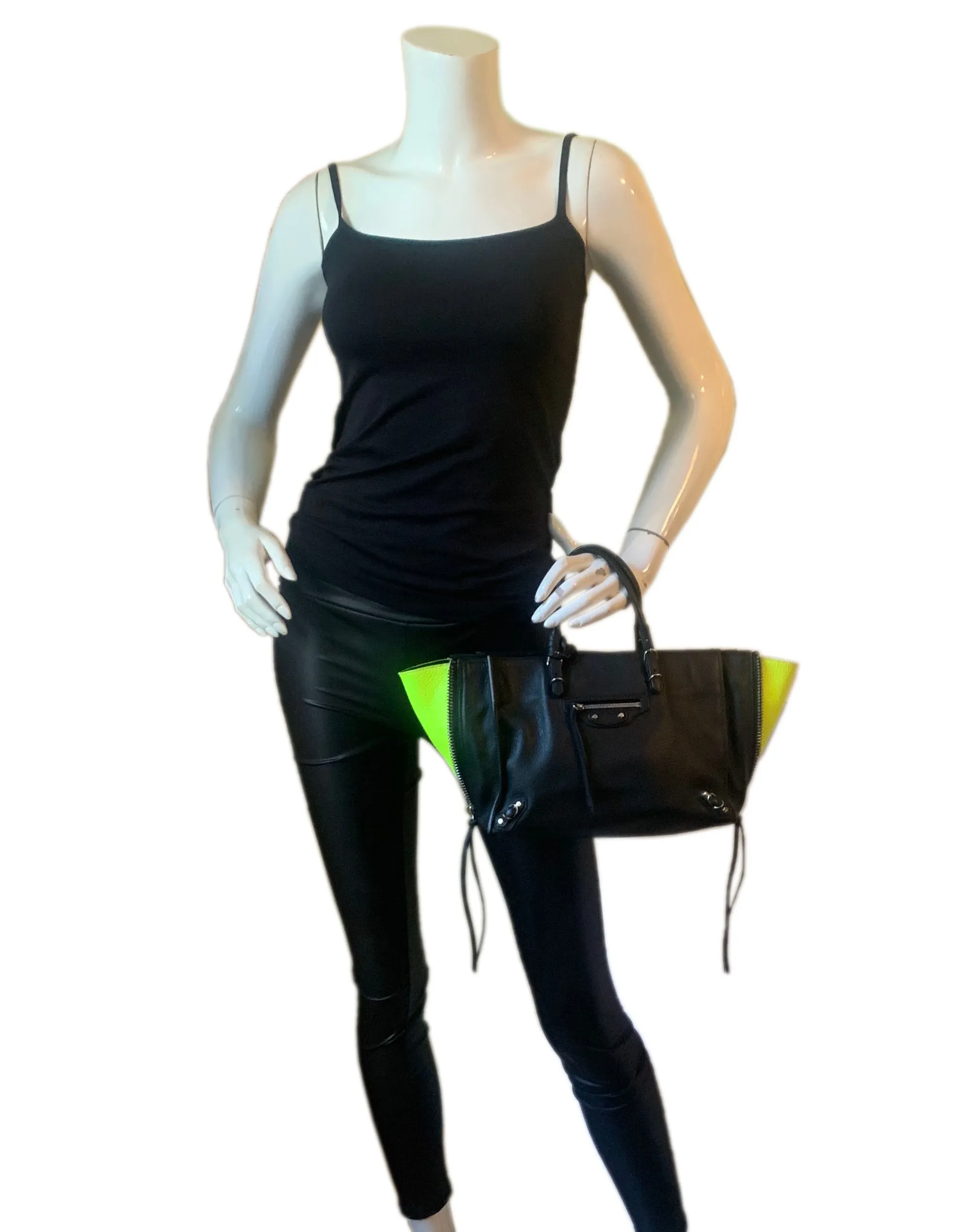Balenciaga Black Leather Mini Papier A4 Crossbody Tote Bag w/ Neon