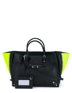 Balenciaga Black Leather Mini Papier A4 Crossbody Tote Bag w/ Neon