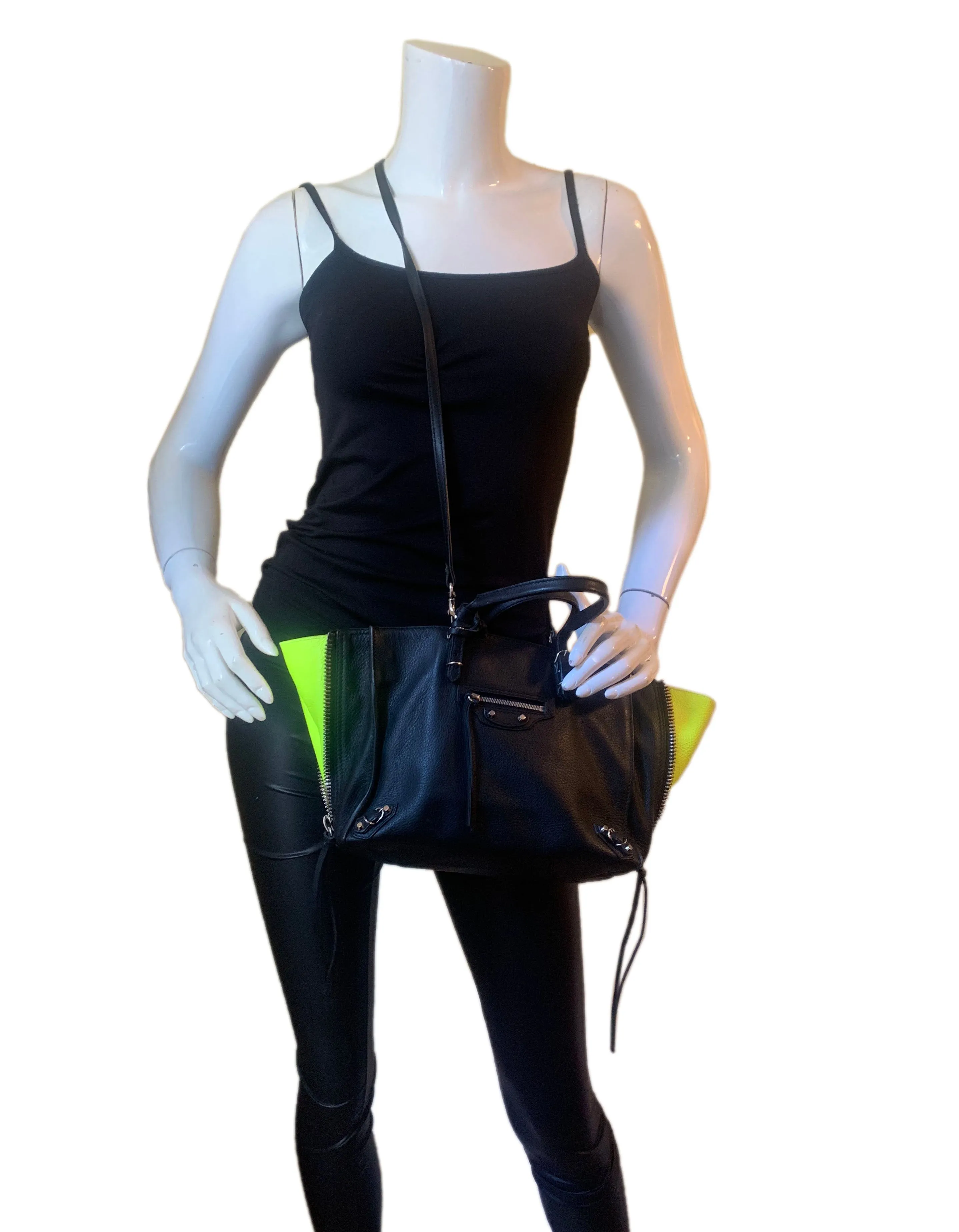 Balenciaga Black Leather Mini Papier A4 Crossbody Tote Bag w/ Neon