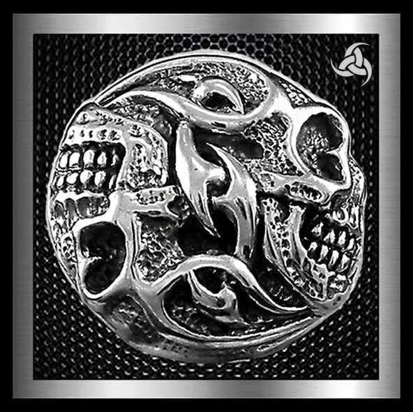 Biker Tribal Double Skull Concho Sterling Silver Screw Back