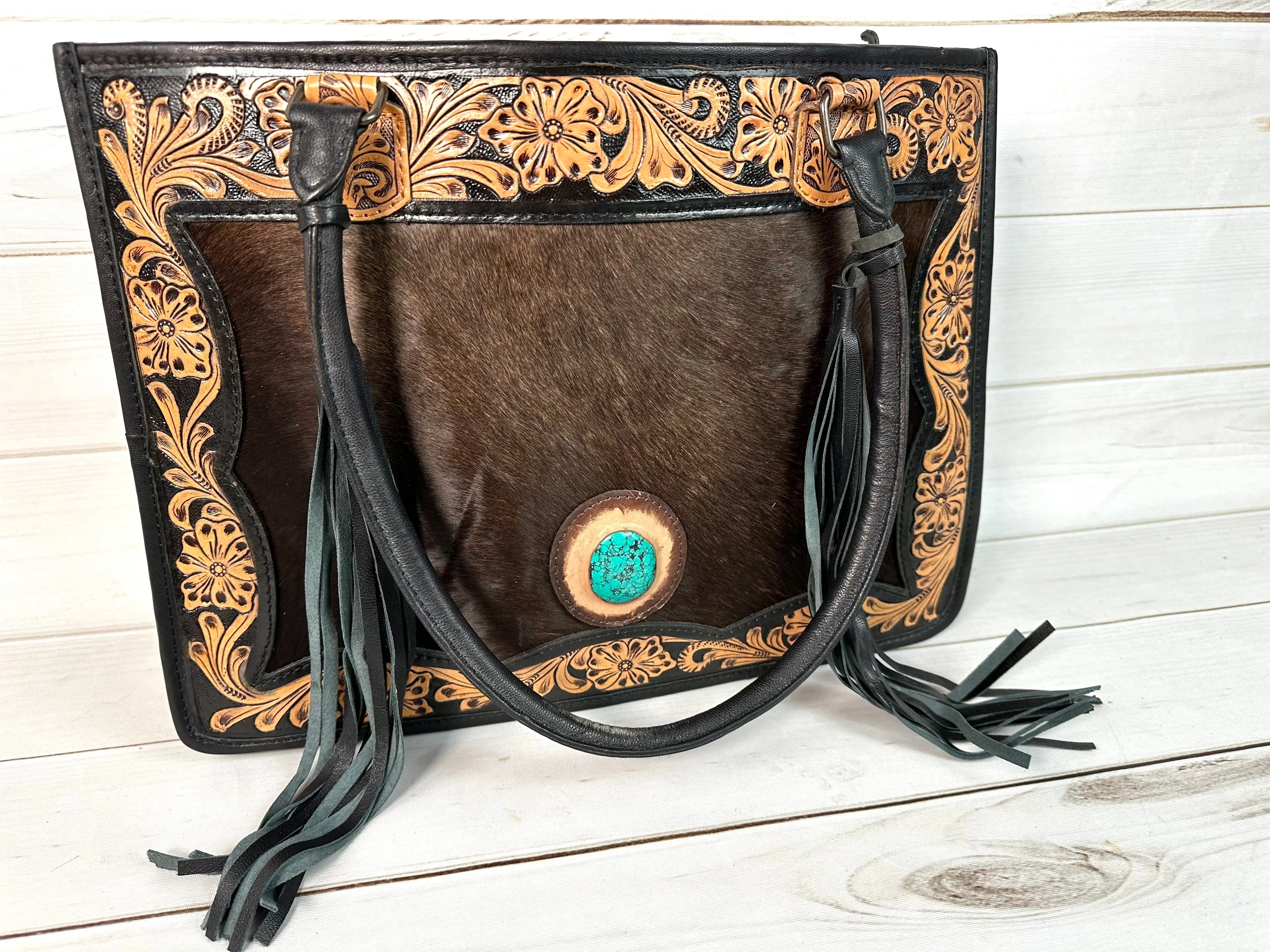 Black and Brown Leather Cowhide Large Tote