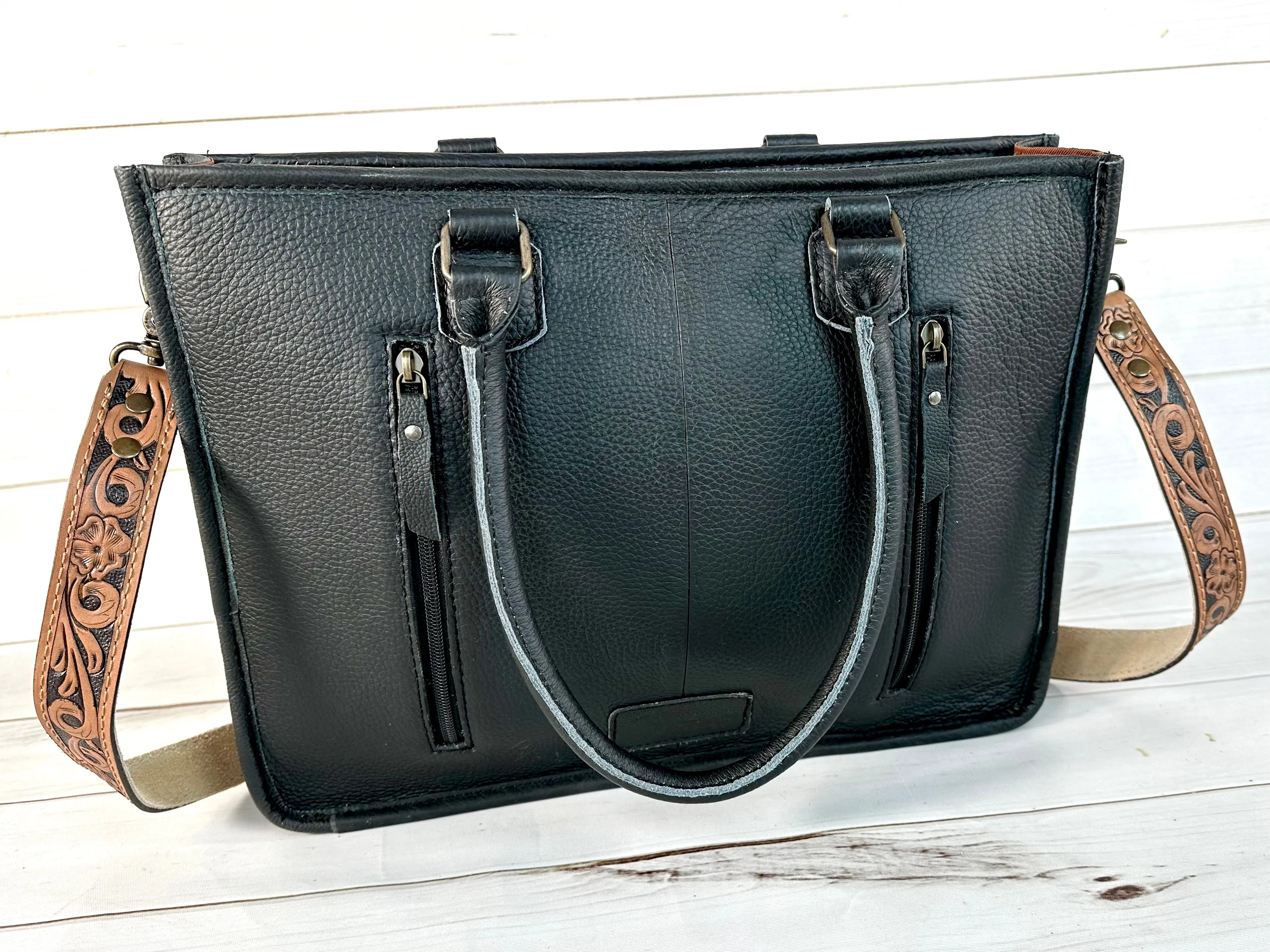 Black and Brown Leather Cowhide Large Tote