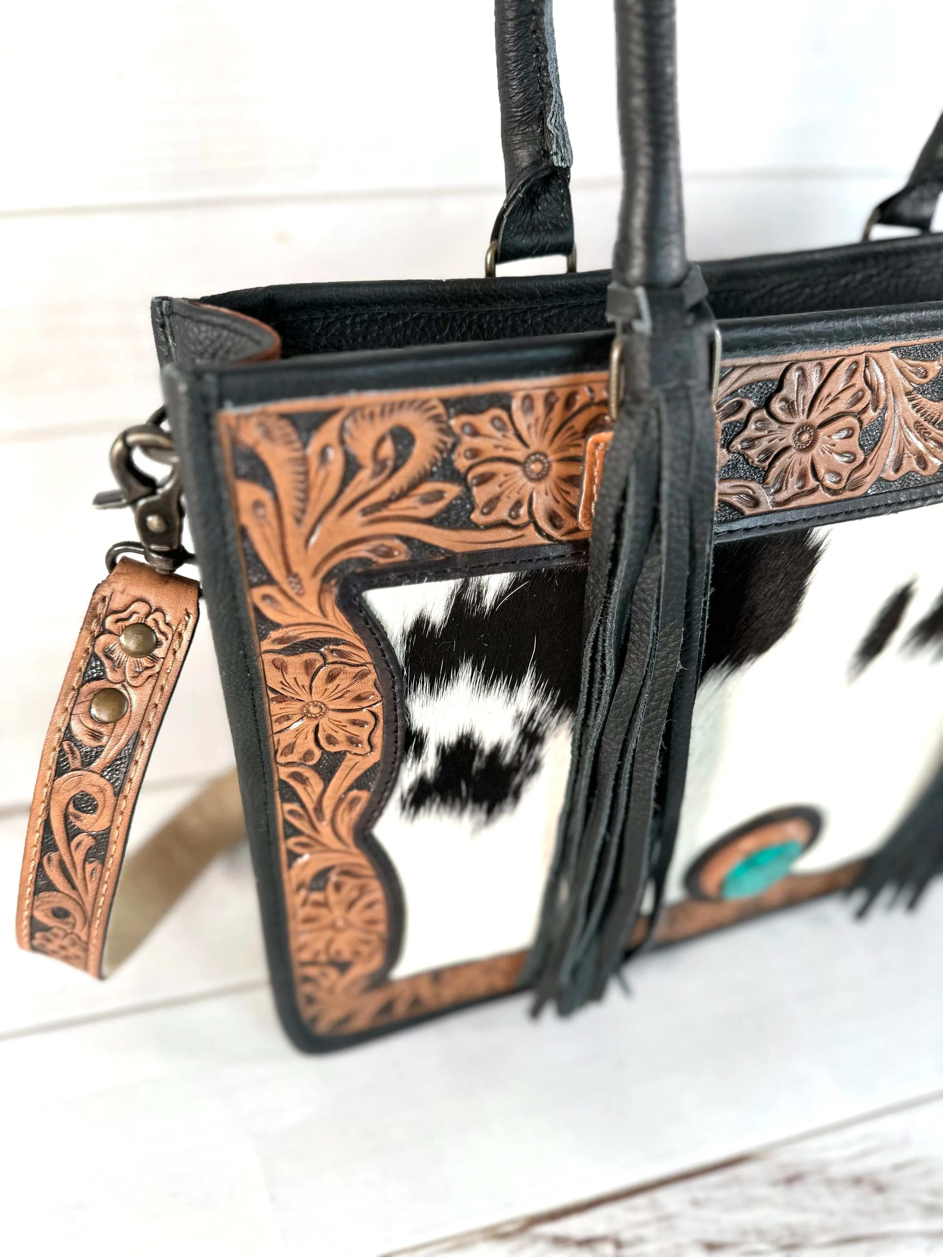 Black and Brown Leather Cowhide Large Tote