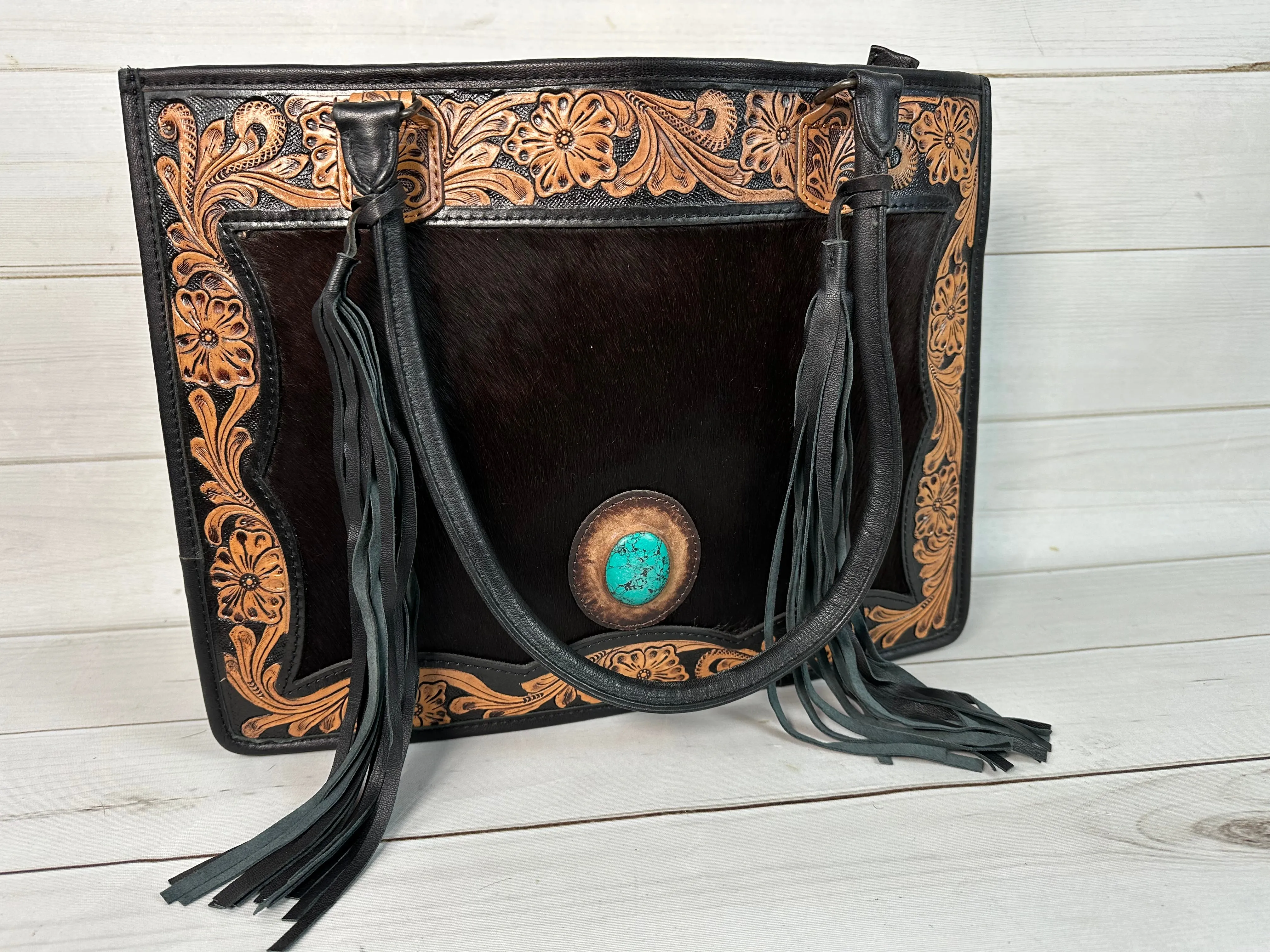 Black and Brown Leather Cowhide Large Tote