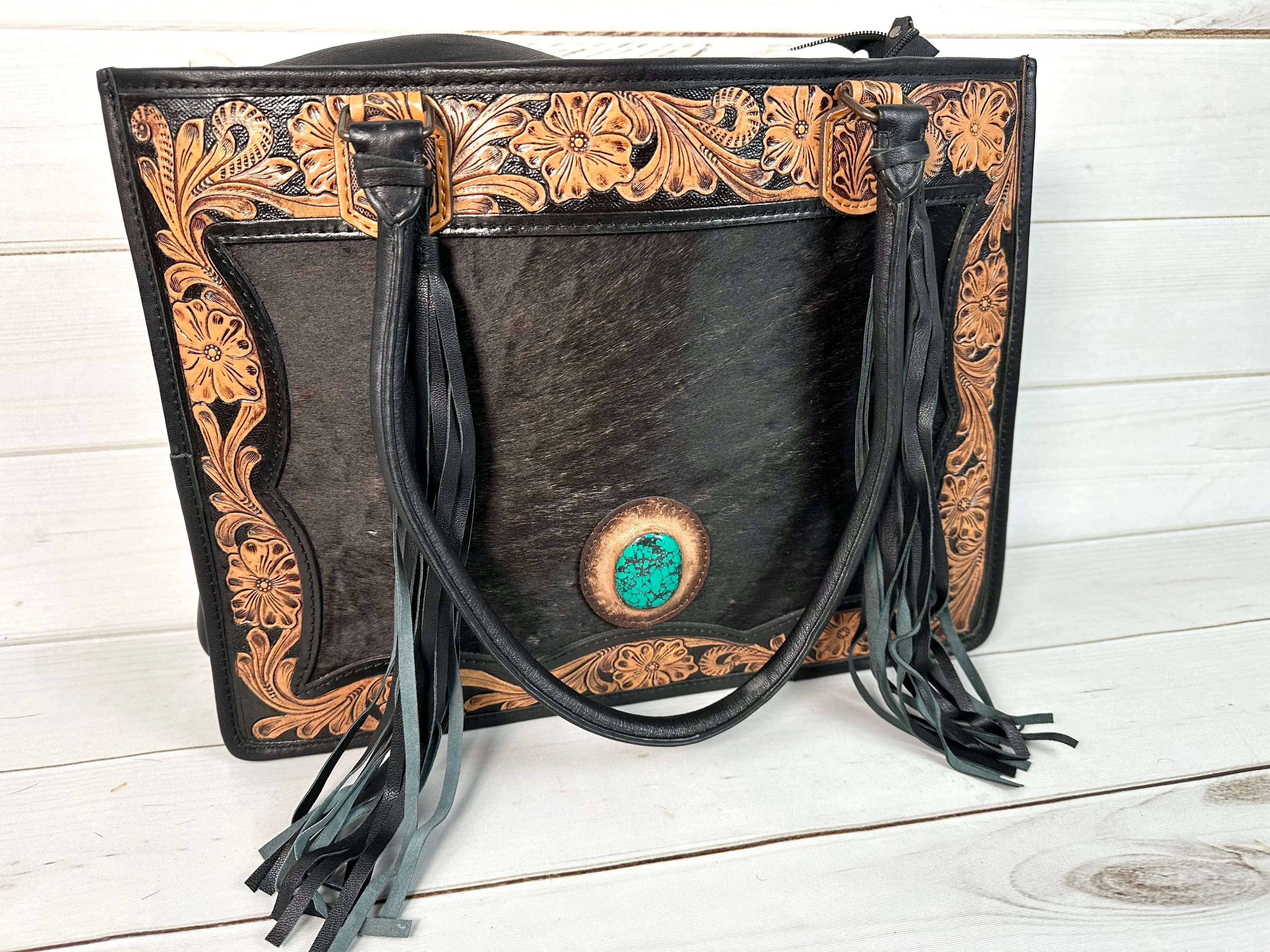 Black and Brown Leather Cowhide Large Tote