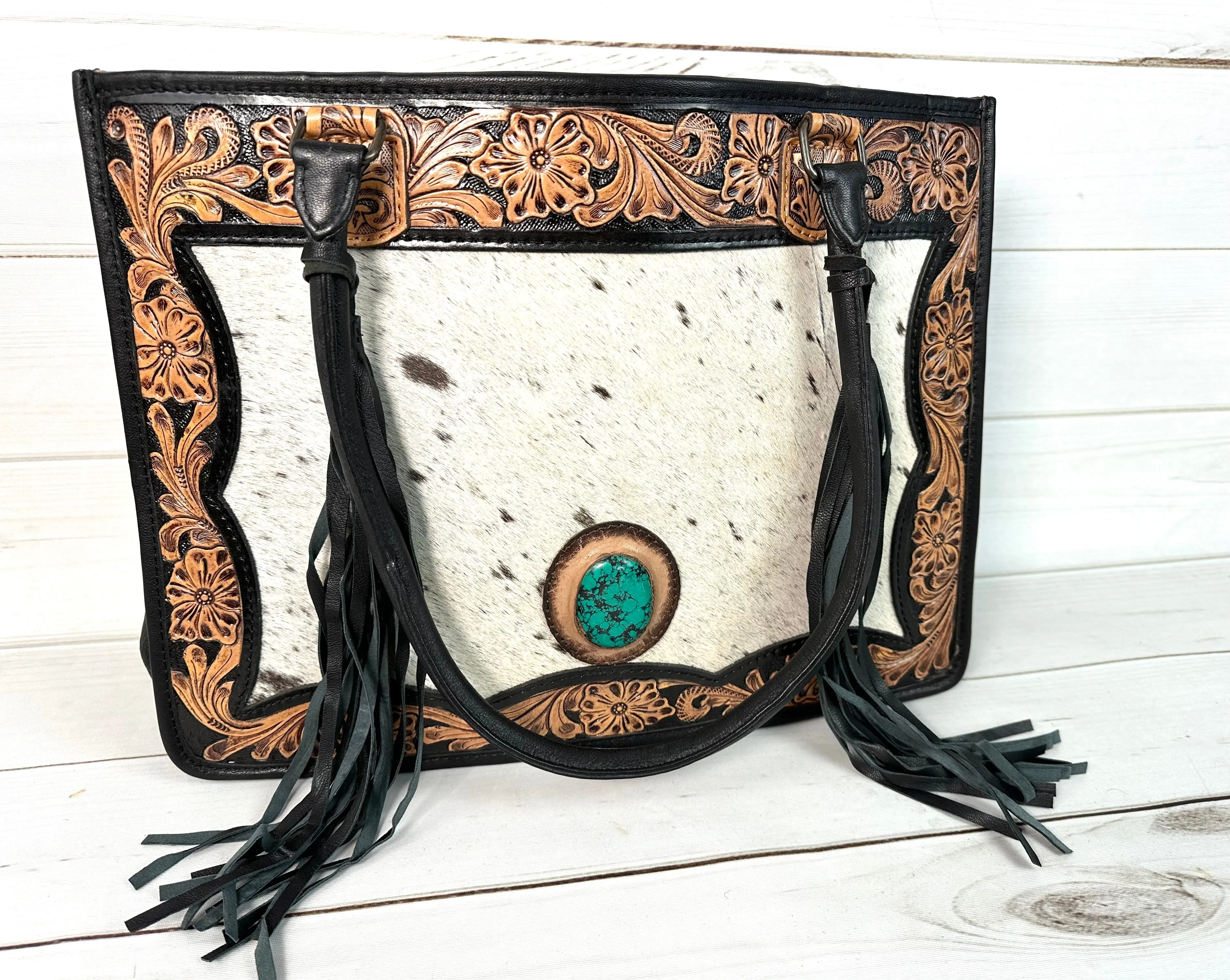 Black and Brown Leather Cowhide Large Tote