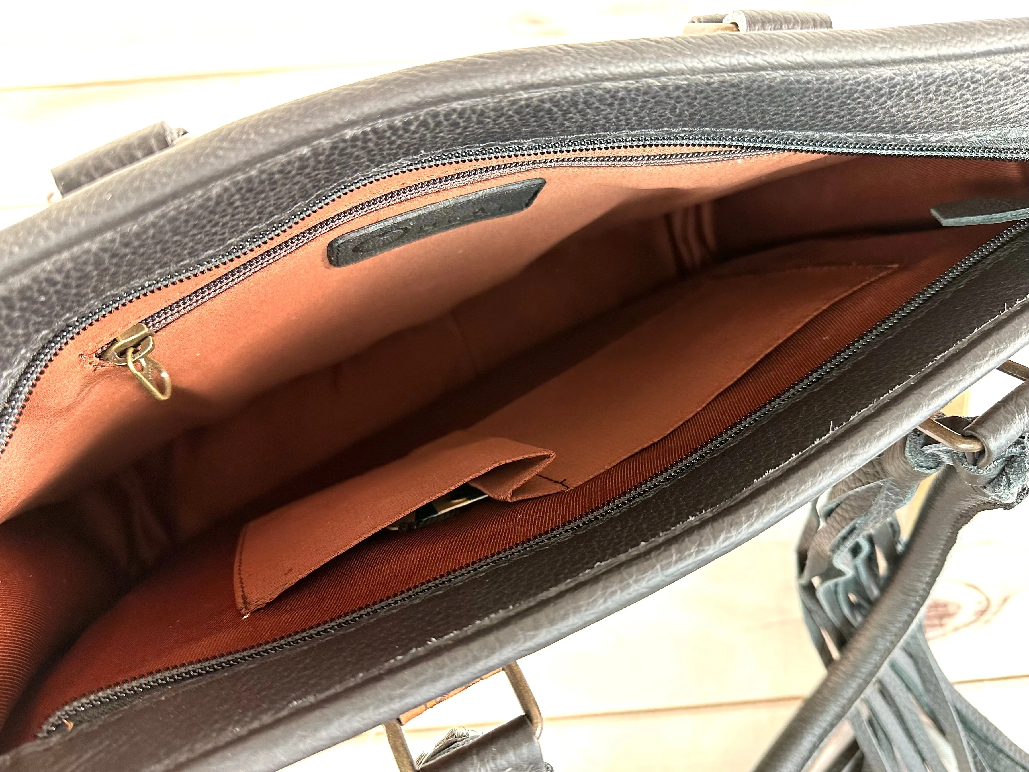 Black and Brown Leather Cowhide Large Tote