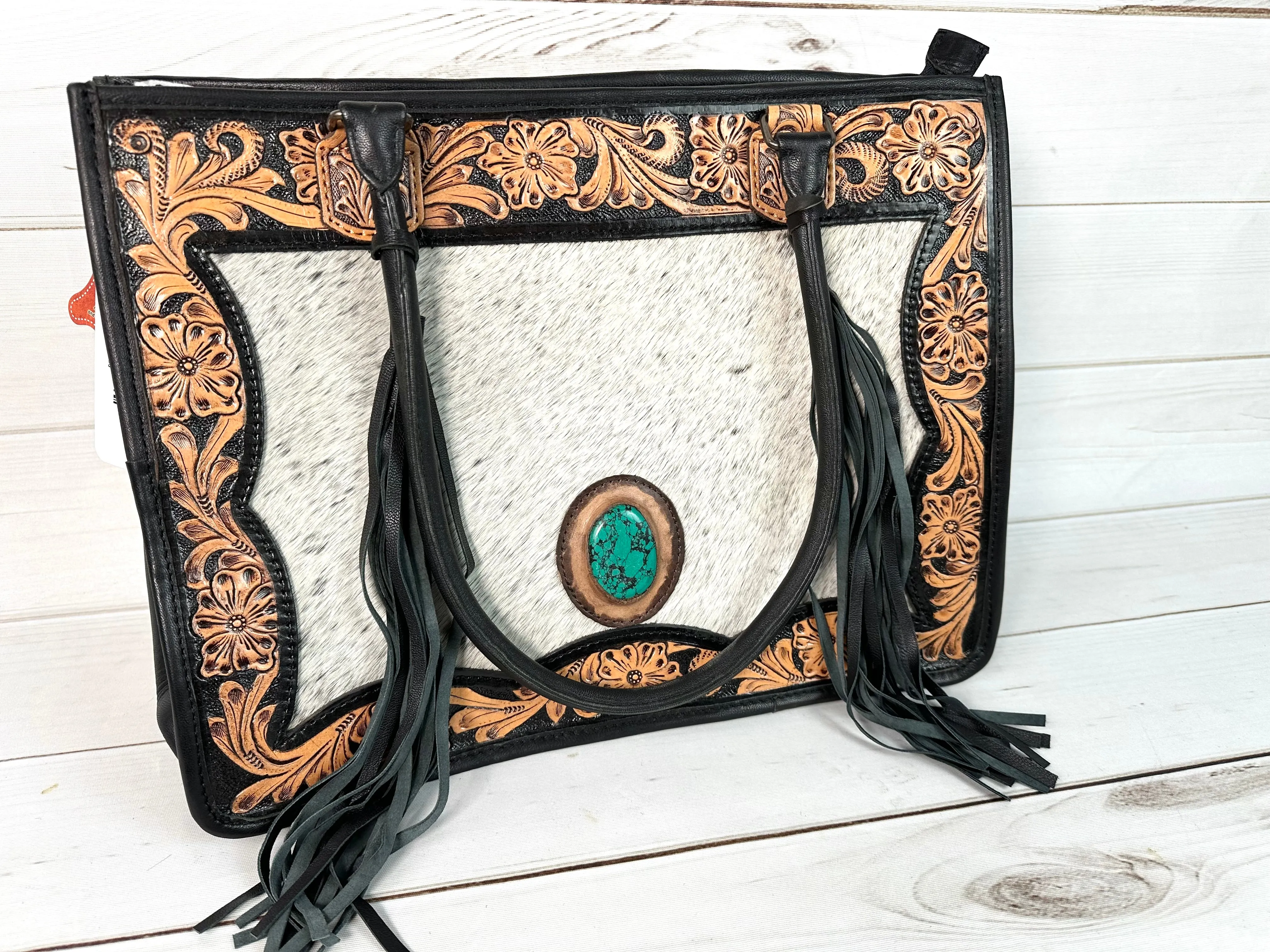 Black and Brown Leather Cowhide Large Tote