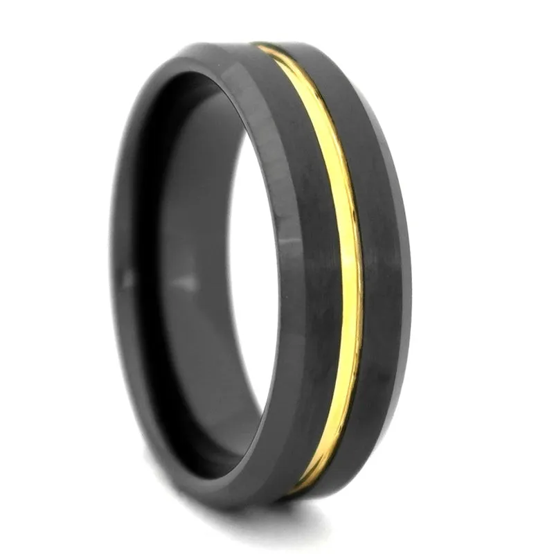 Black High-Tech Ceramic Band with Gold Color Plated Groove, Size 8.5 (93274)