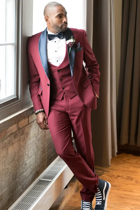 Burgundy Slim Fit Men Suit with Black Shawl Lapel