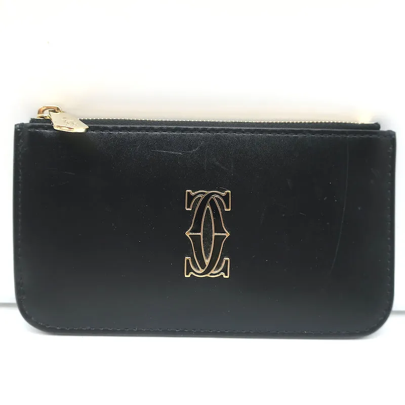 Cartier Double C de Cartier Zipped Card Holder Wallet Black Leather