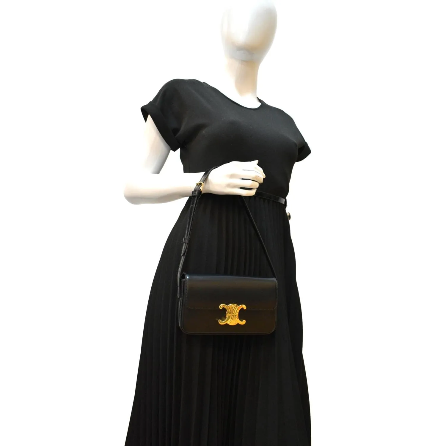 CELINE Triomphe Calfskin Leather Shoulder Bag Black
