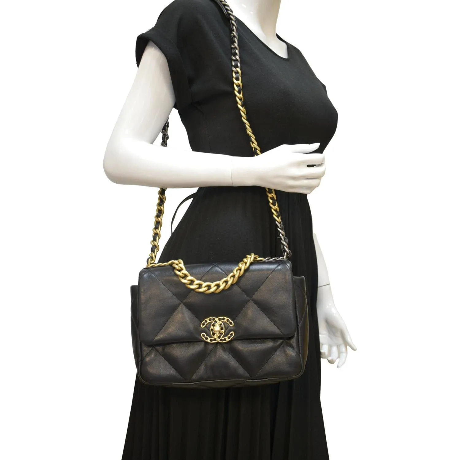 CHANEL 19 Small Flap Quilted Lambskin Leather Shoulder Bag Black