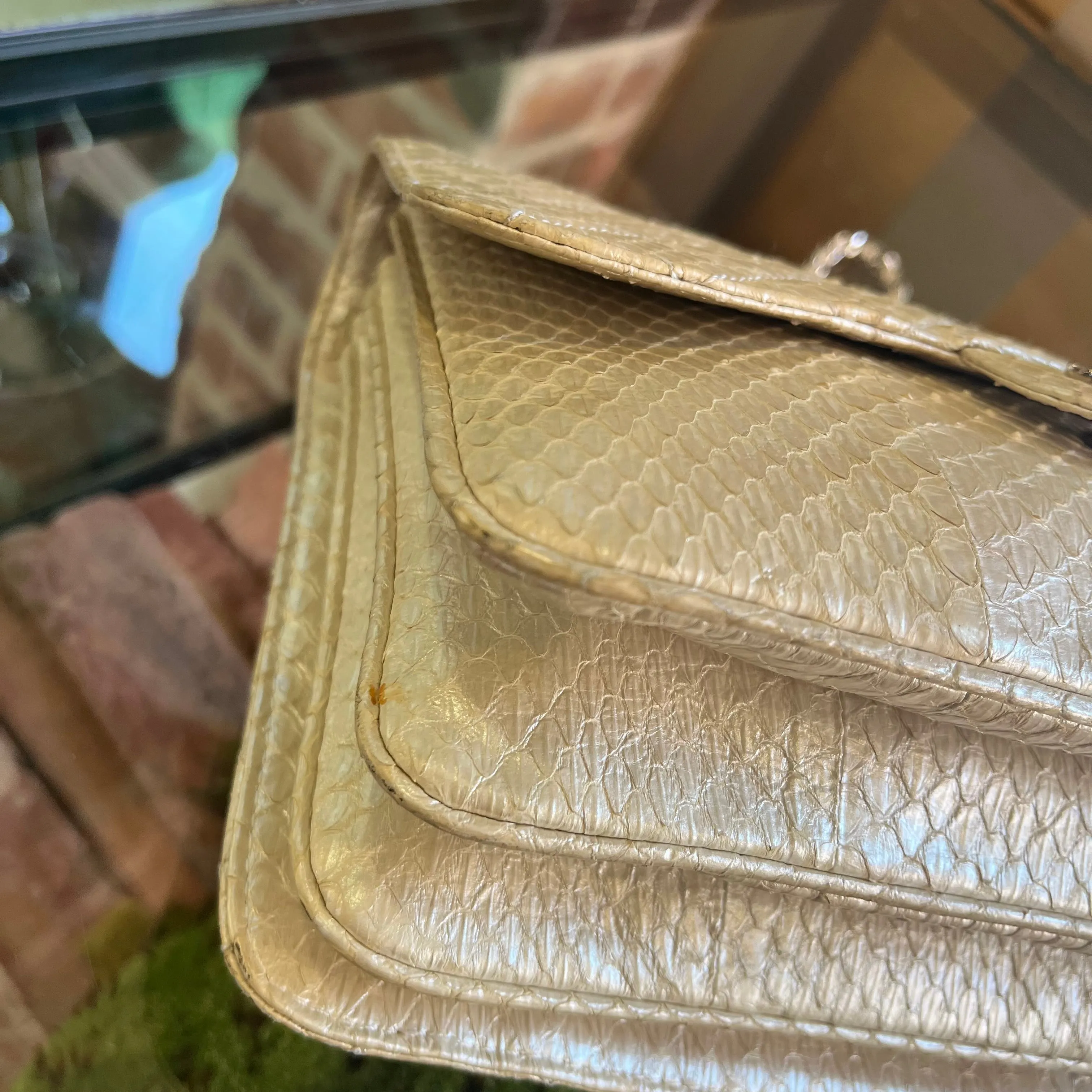 CHANEL Accordian Beige Python Flap Shoulder Bag