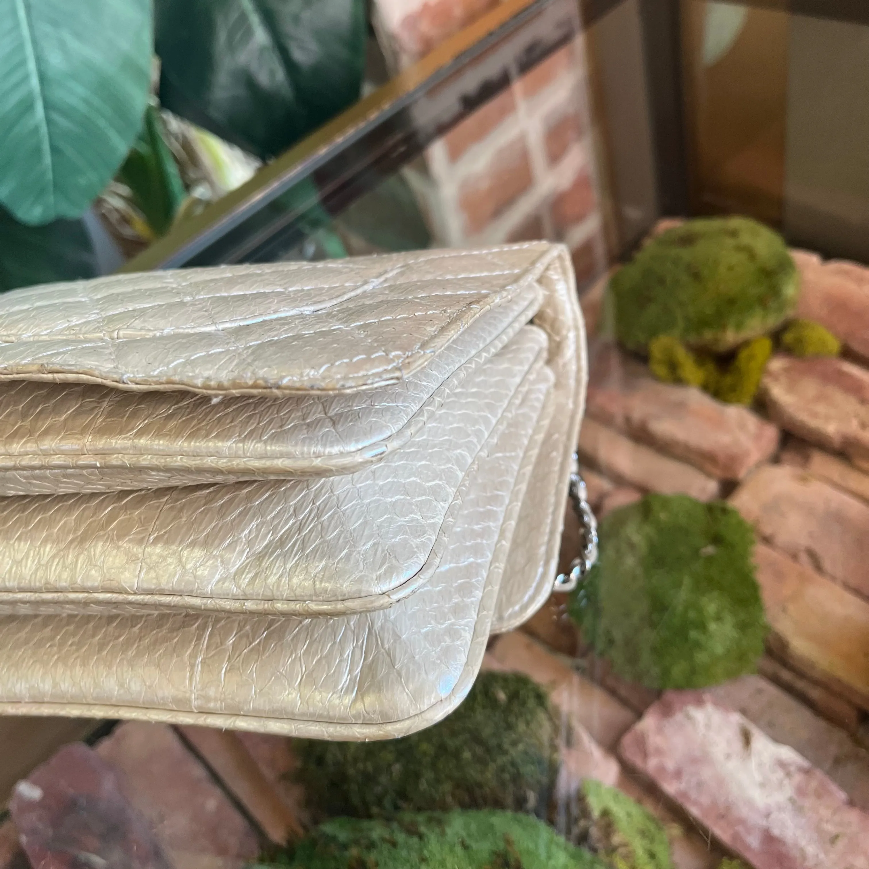 CHANEL Accordian Beige Python Flap Shoulder Bag