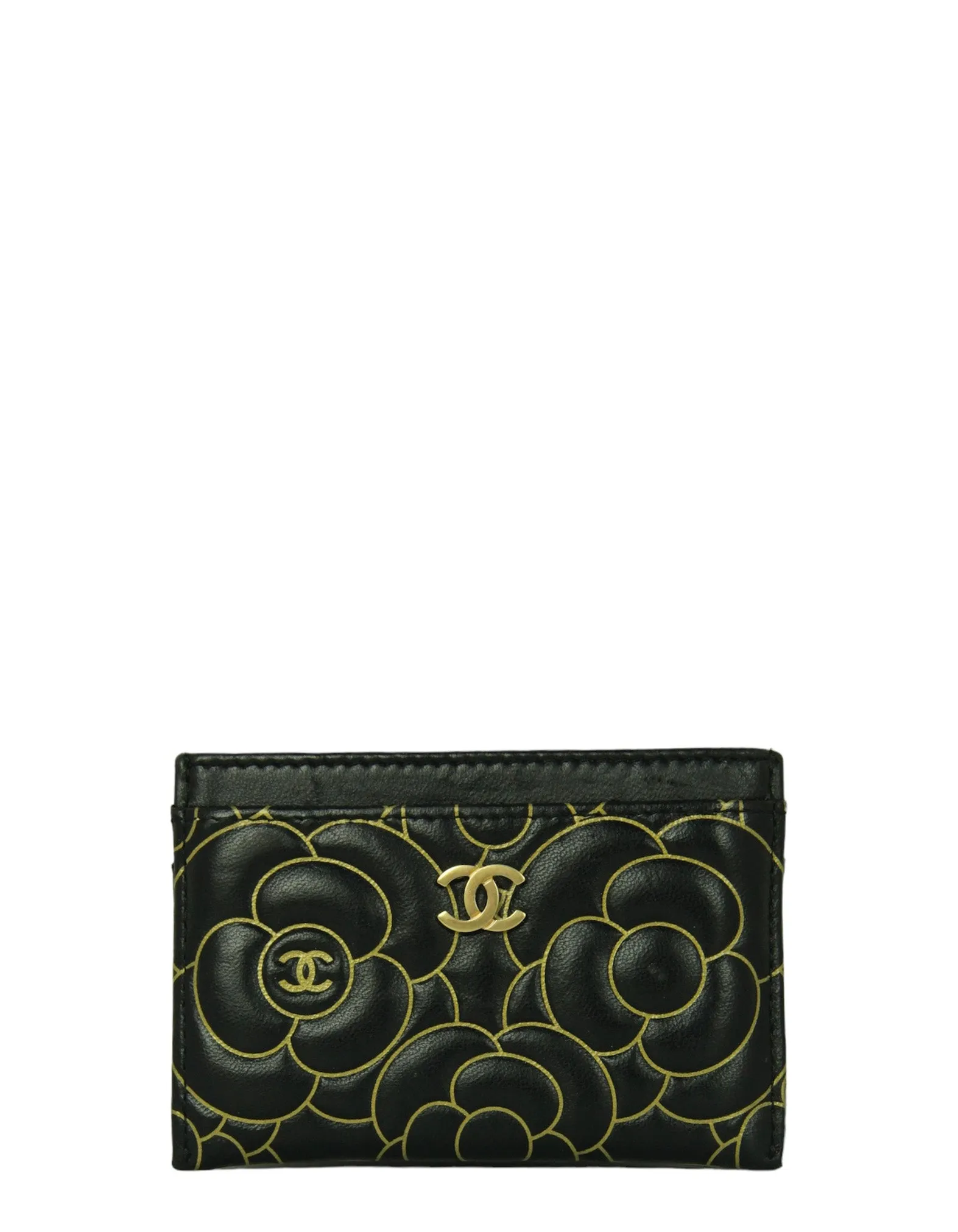 Chanel Black Goatskin Camellia Embossed Card Holder