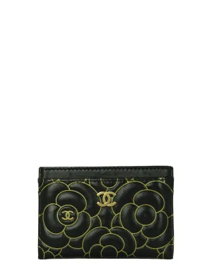 Chanel Black Goatskin Camellia Embossed Card Holder