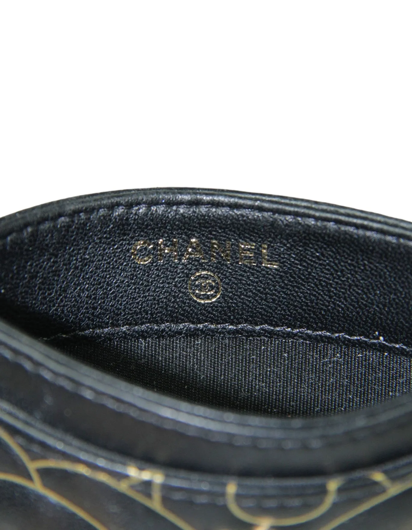 Chanel Black Goatskin Camellia Embossed Card Holder