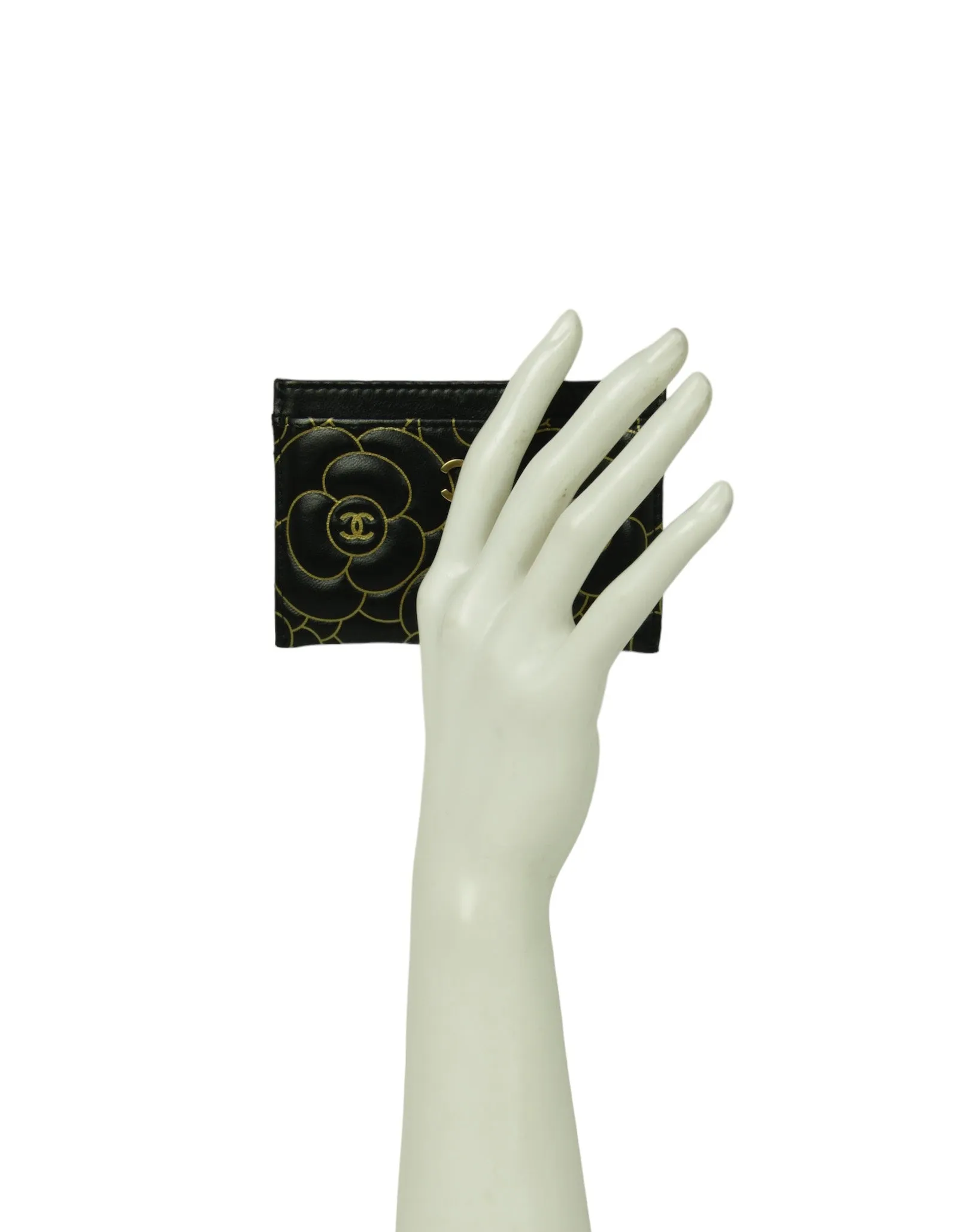 Chanel Black Goatskin Camellia Embossed Card Holder
