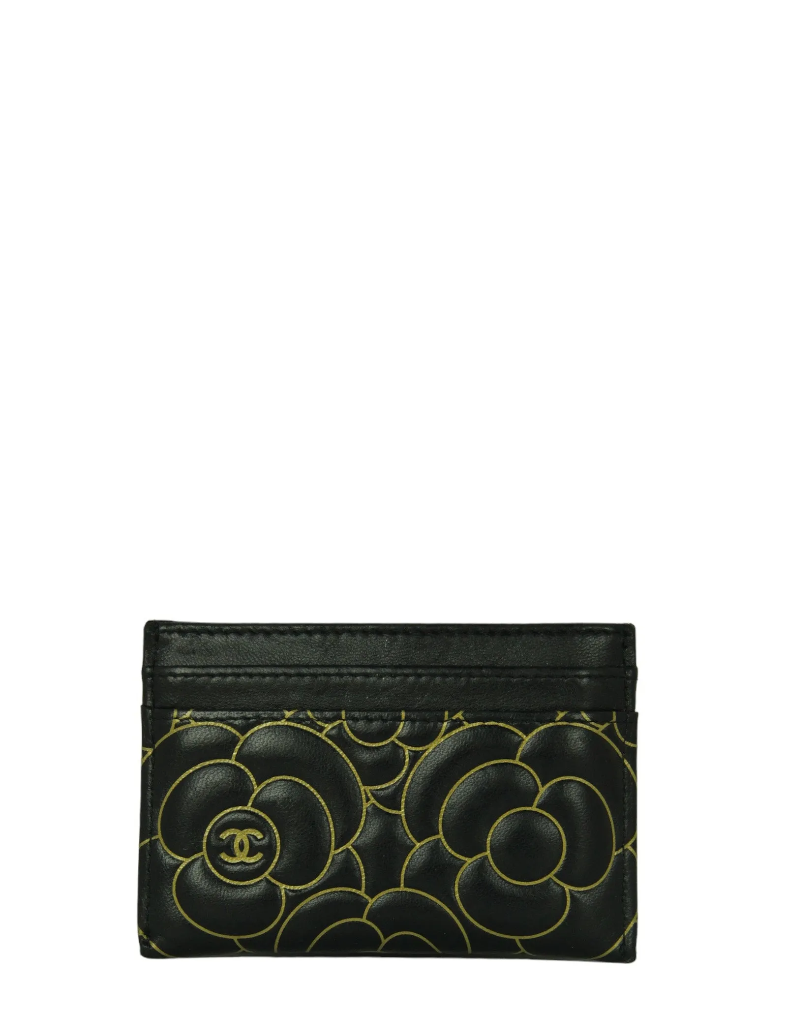 Chanel Black Goatskin Camellia Embossed Card Holder