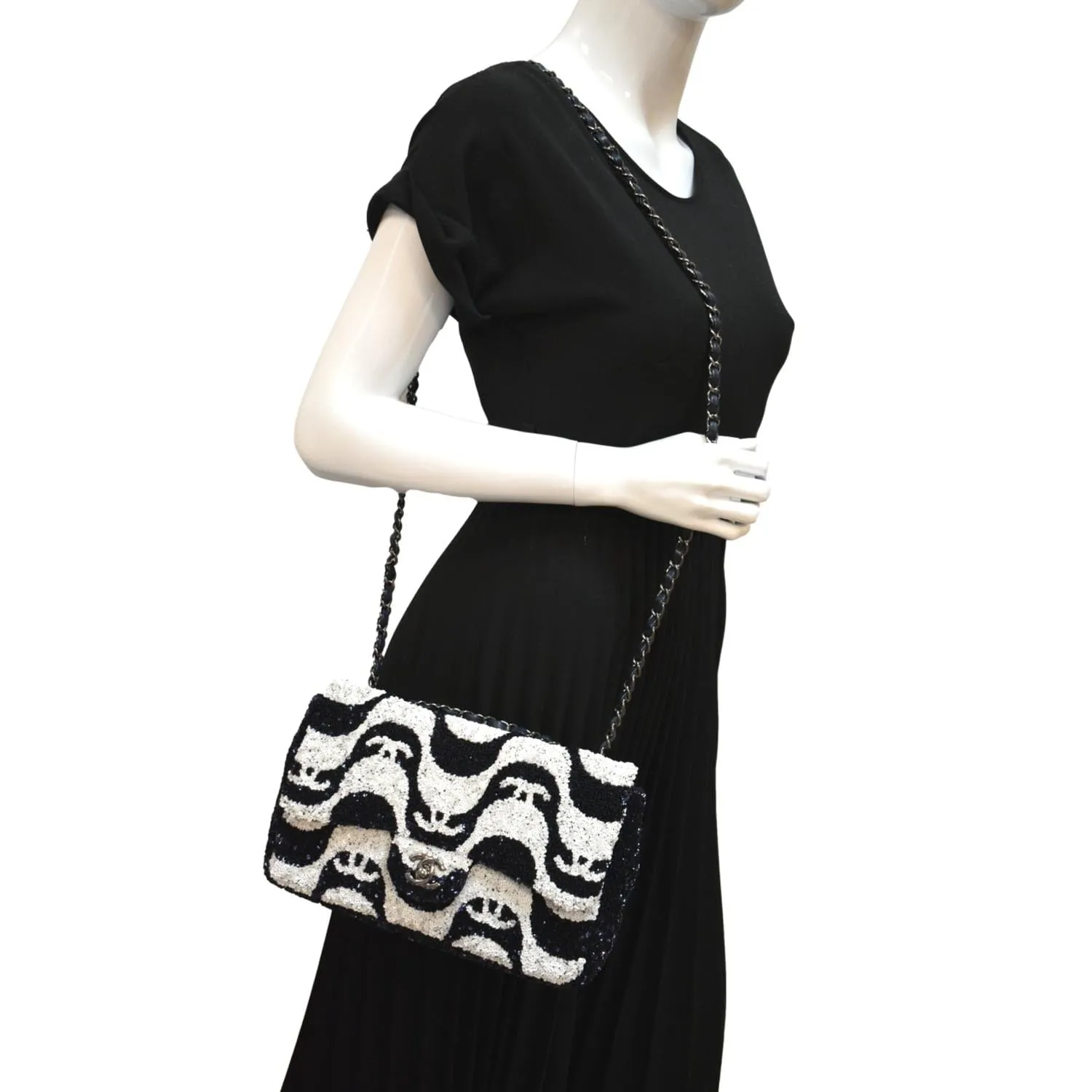 CHANEL Classic Flap Sequin Chain Shoulder Bag Black/White