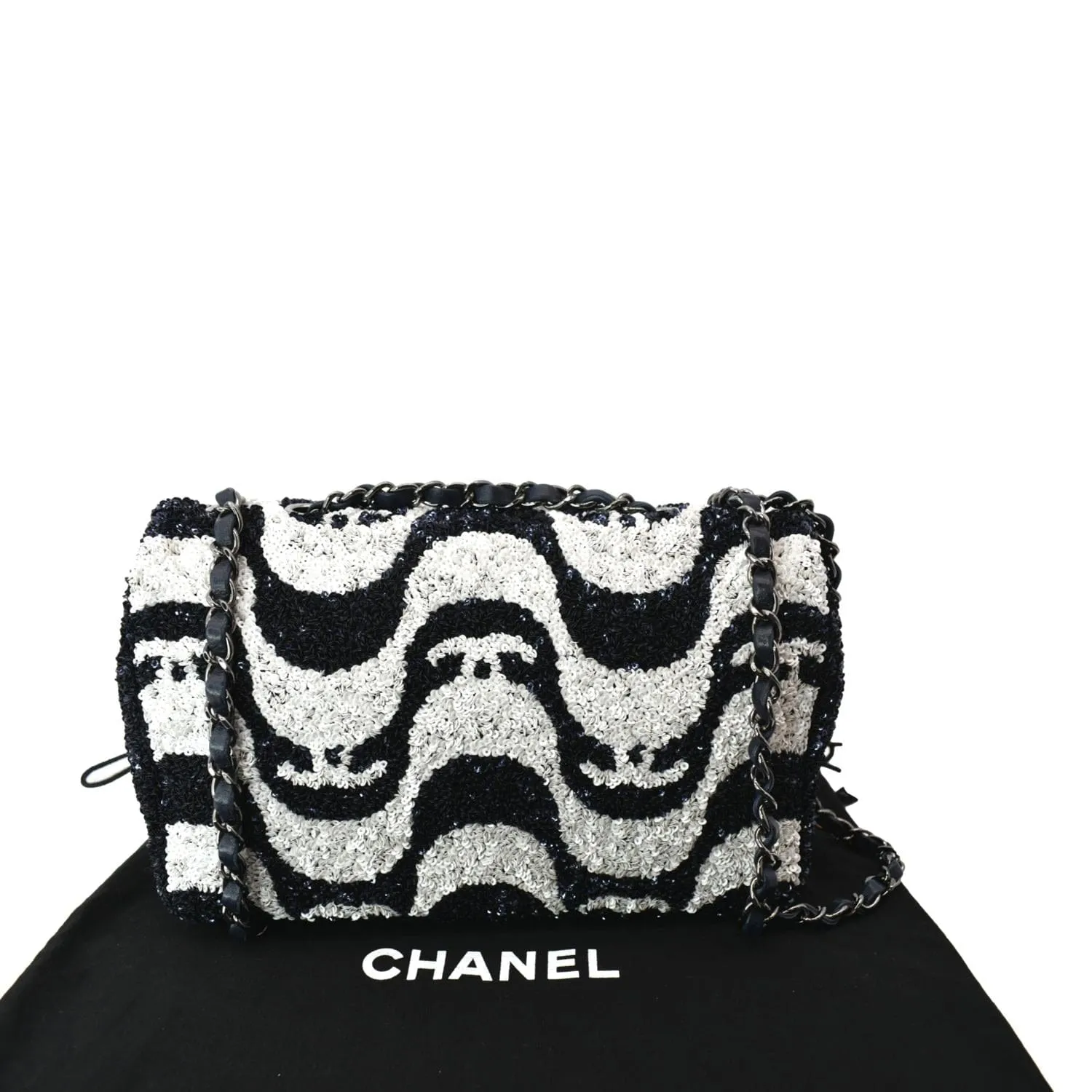 CHANEL Classic Flap Sequin Chain Shoulder Bag Black/White