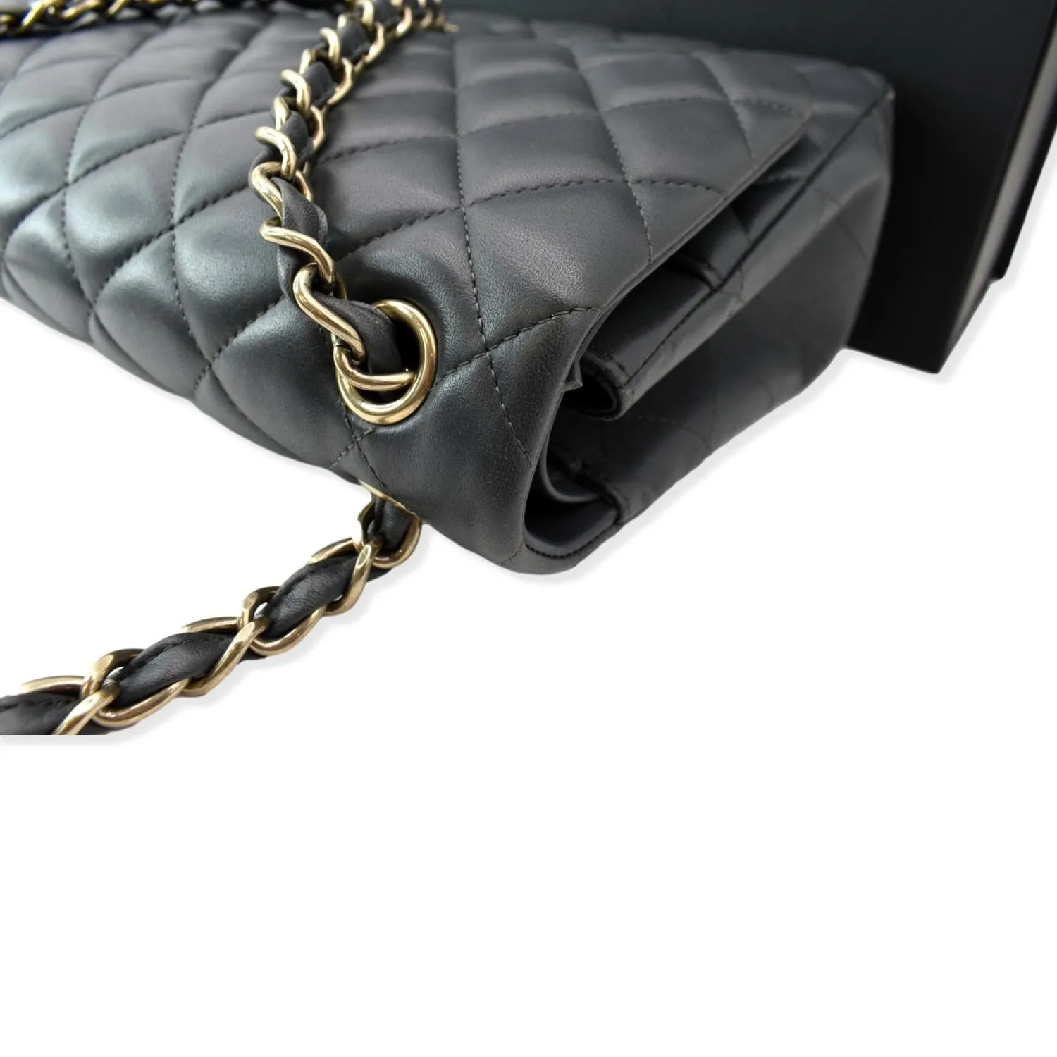 CHANEL Classic Jumbo Double Flap Lambskin Leather Shoulder Bag Dark Gray
