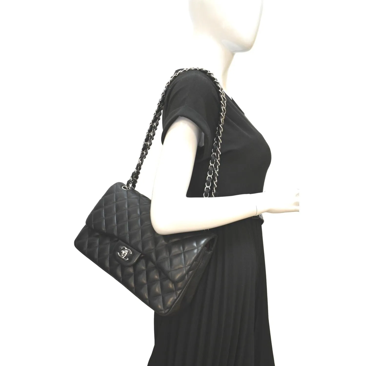 CHANEL Classic Medium Double Flap Quilted Lambskin Leather Shoulder Bag Black