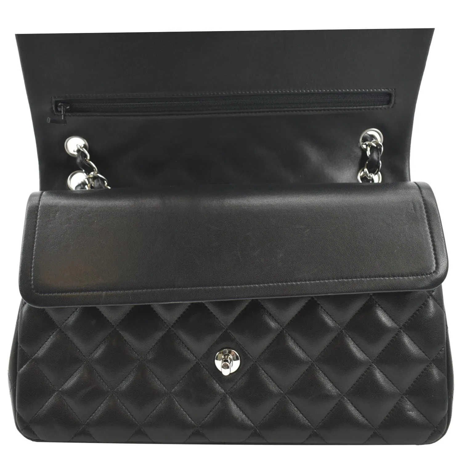 CHANEL Classic Medium Double Flap Quilted Lambskin Leather Shoulder Bag Black