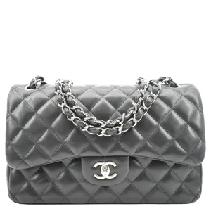 CHANEL Classic Medium Double Flap Quilted Lambskin Leather Shoulder Bag Black