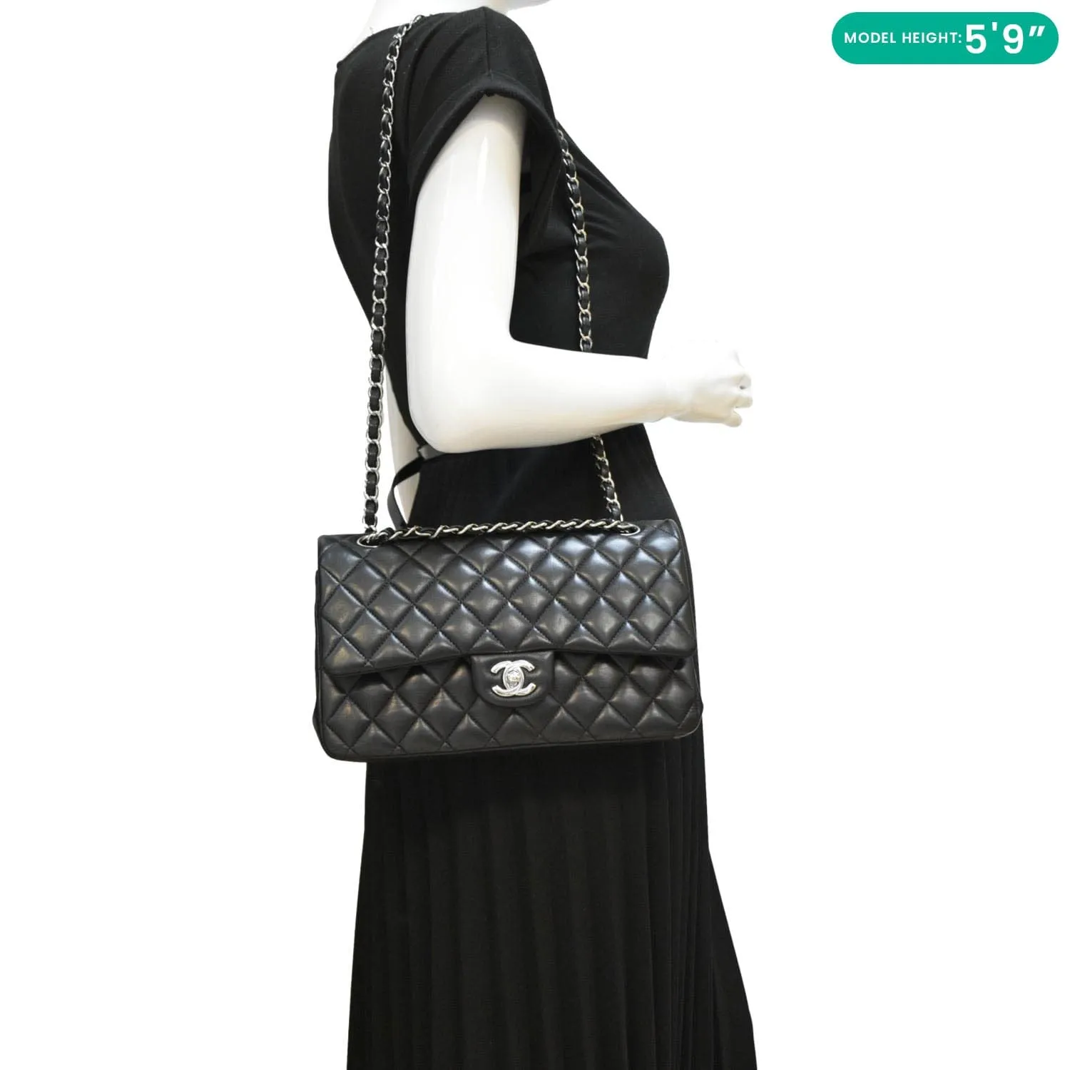 CHANEL Classic Medium Double Flap Quilted Leather Shoulder Bag Black