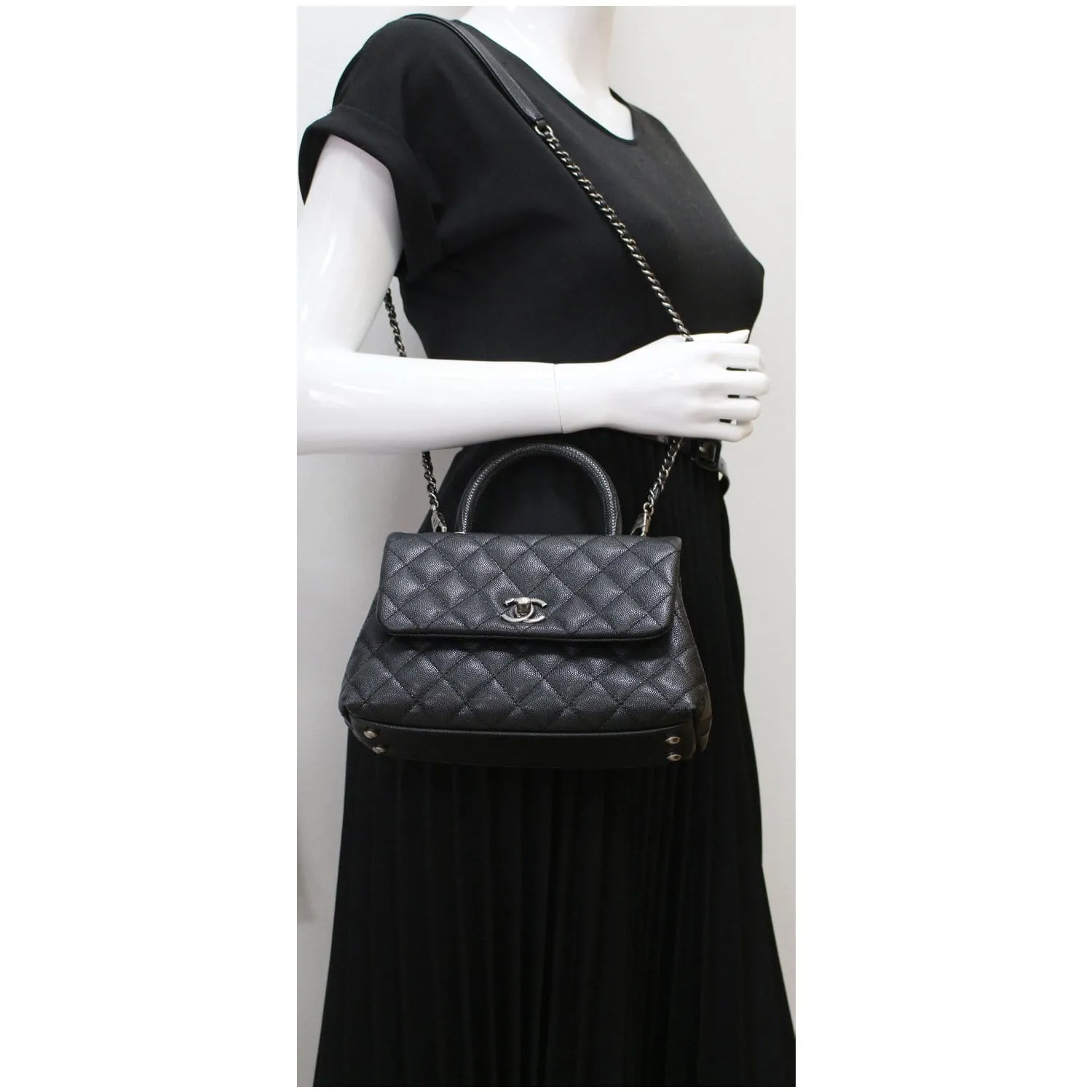 CHANEL Coco Mini Top Lizard Handle Caviar Leather Shoulder Bag Black